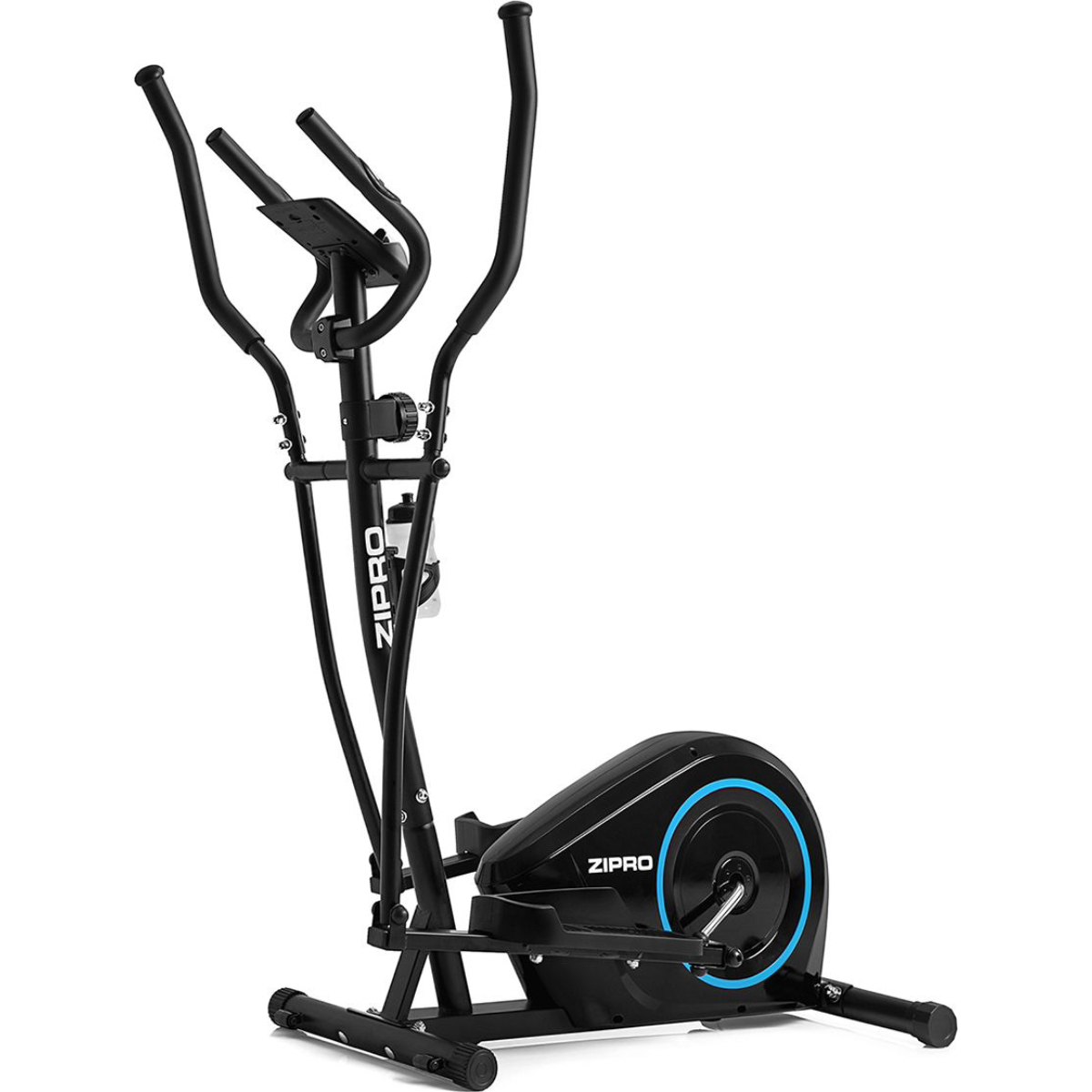Máquina elíptica de entrenamiento cruzado en negro y azul. La máquina está sobre un fondo blanco.