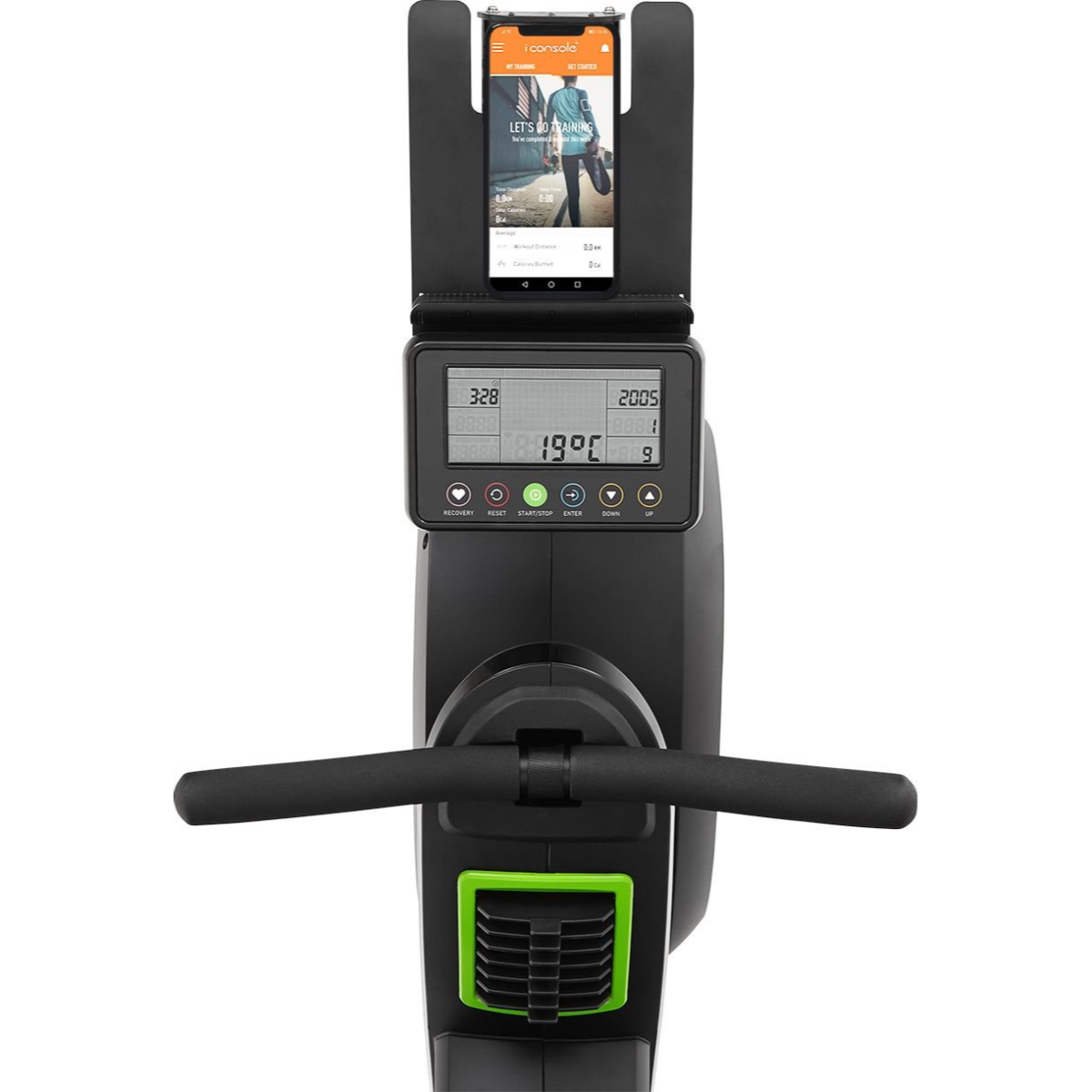 Roeimachine met digitaal display, telefoonhouder en zwarte handgrepen.