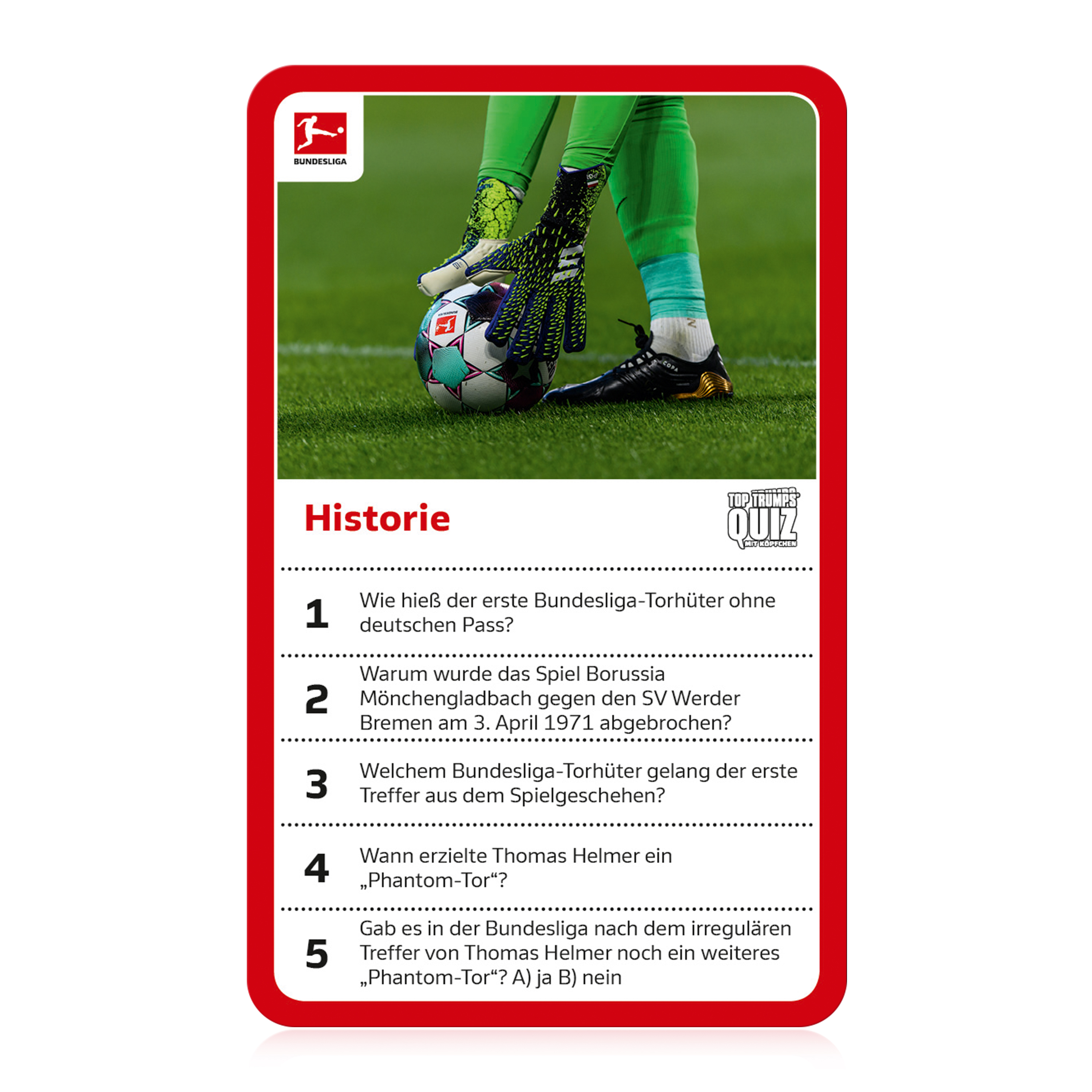 Eine Quizkarte über die Bundesliga-Geschichte. Sie zeigt ein Fußballbild und Fragen zur Liga.