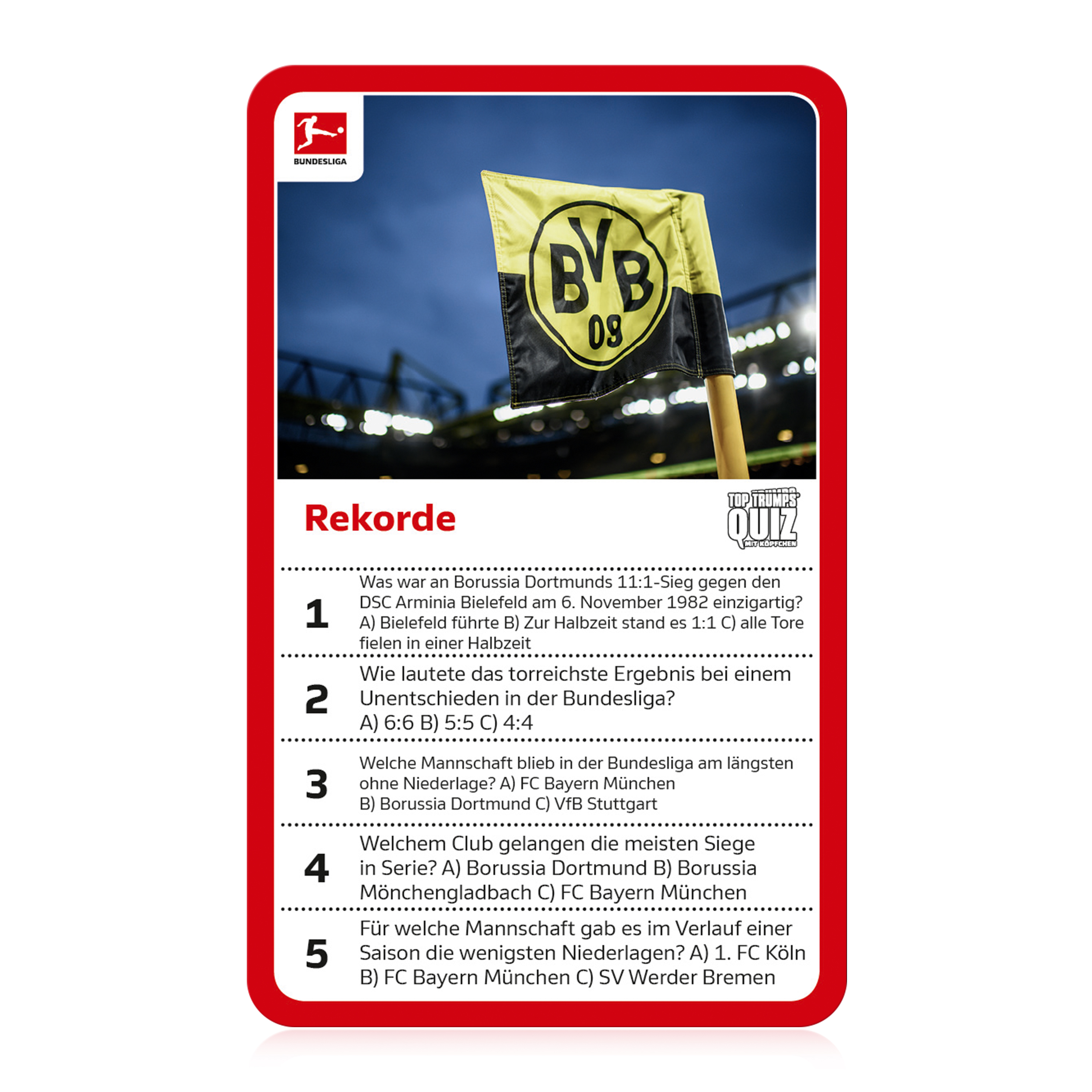 Quizkarte mit Text und BVB-Flagge. Stellt Fragen zu Borussia Dortmund.