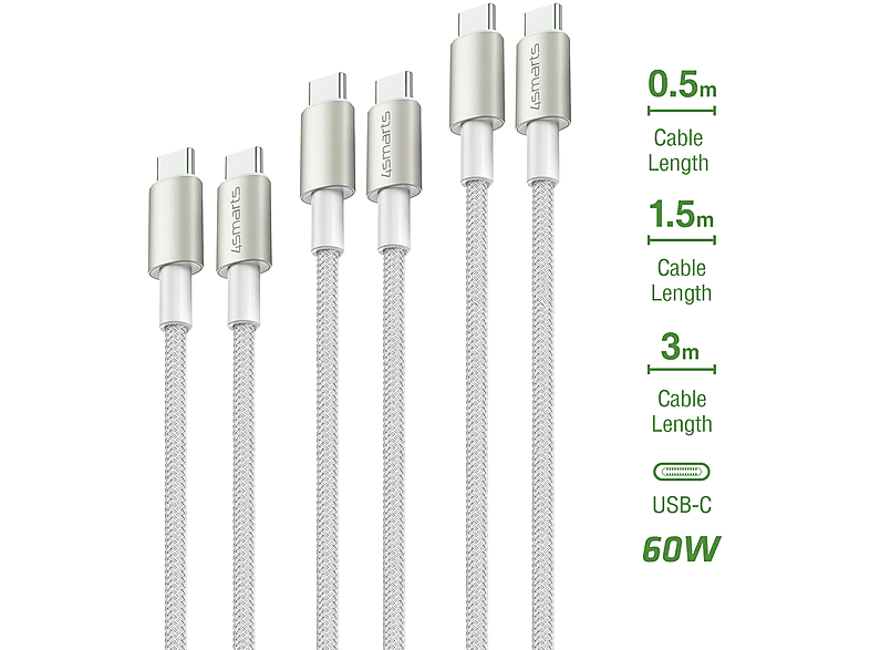 4SMARTS PremiumCord 3er Set, USB Typ-C Kabel, 300 cm, Weiß