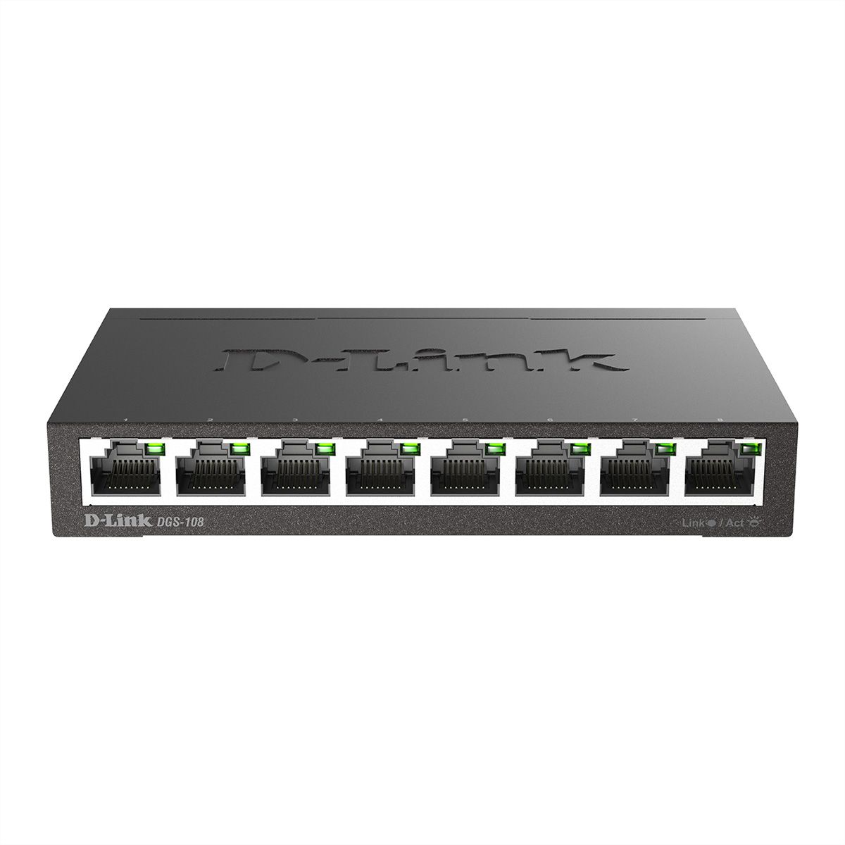 Zwarte D-Link DGS-108 netwerkswitch met 8 poorten, elk met een groen lampje. Witte achtergrond.