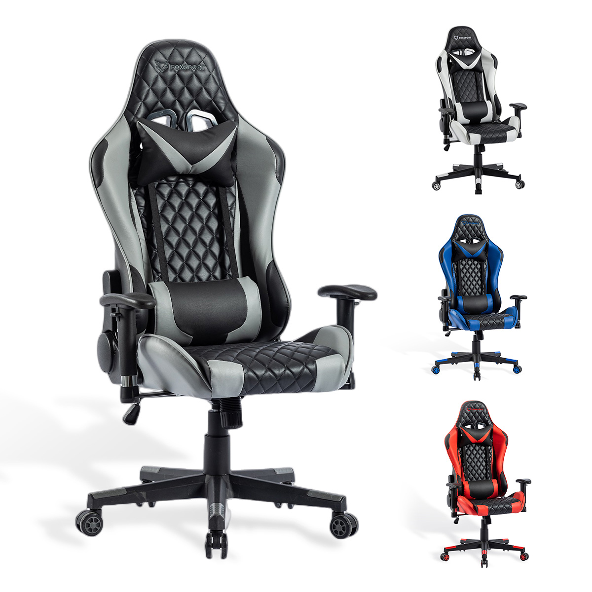 Silla gaming con combinaciones de colores negro, gris y rojo. Se muestran varias sillas.