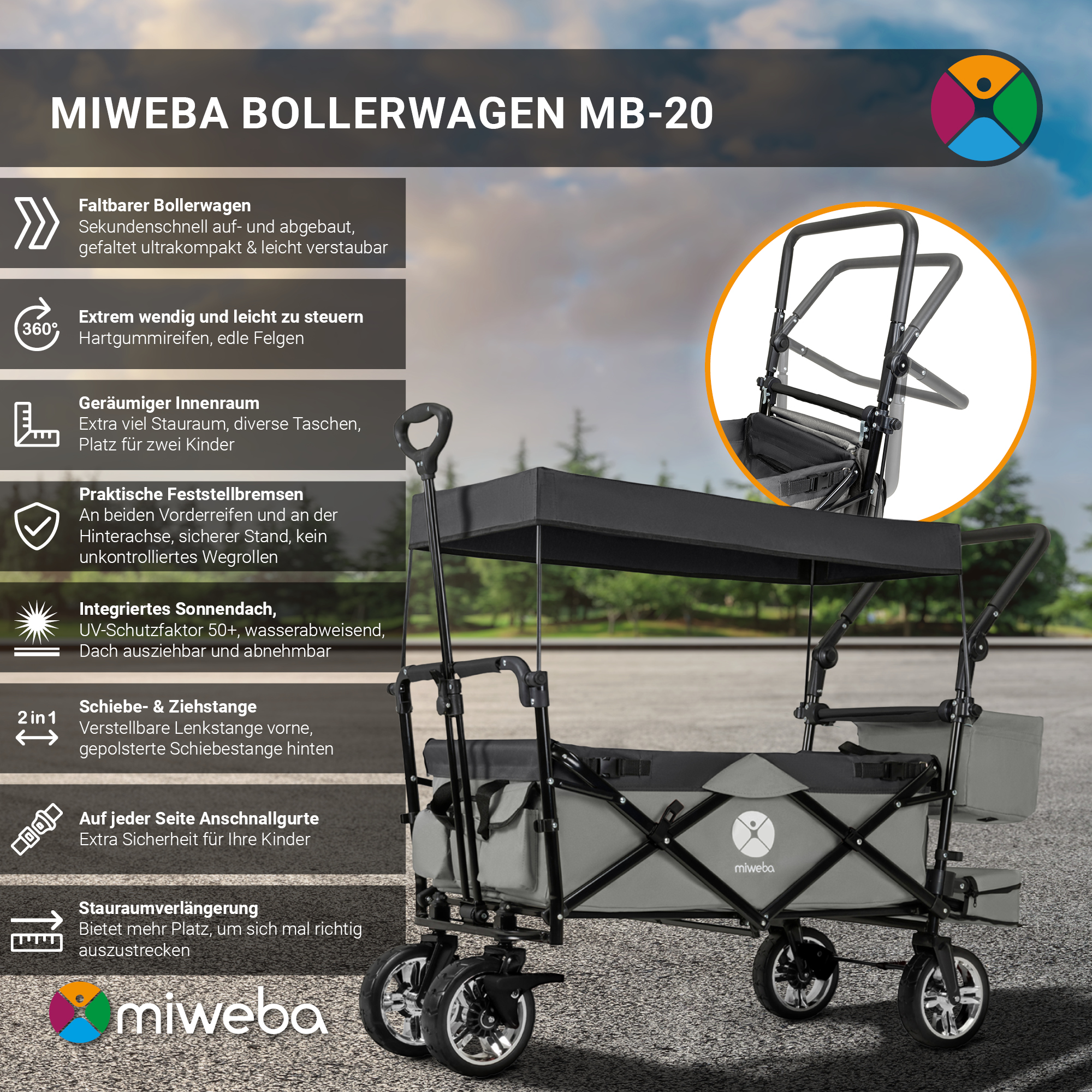 Miweba Bollerwagen MB-20. Schwarzer und grauer Wagen mit Text und Symbolen. Weißer Hintergrund.
