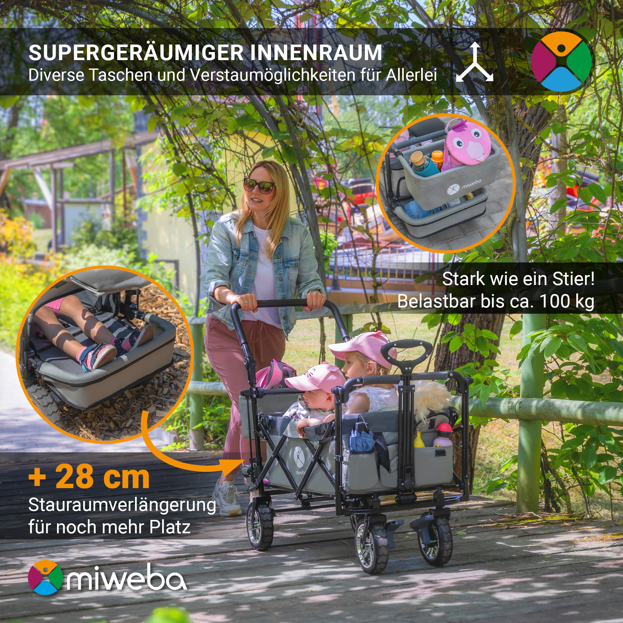 Eine Frau schiebt einen grauen Wagen mit zwei Kindern. Der Wagen hat einen Sonnenschutz und Stauraum.