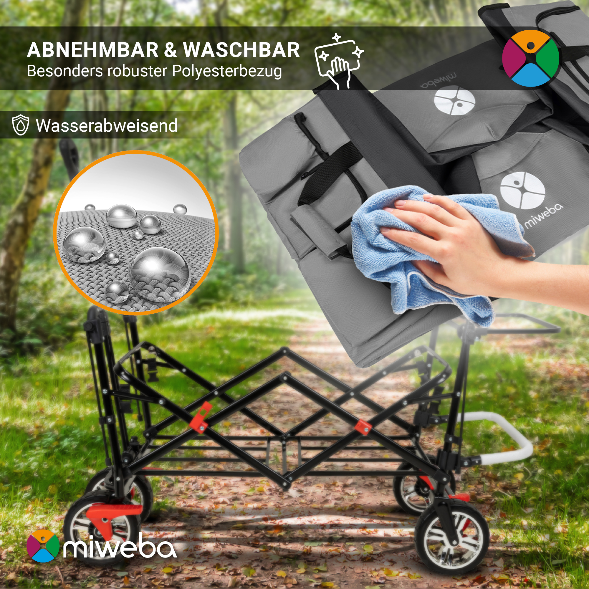 Ein faltbarer Wagen mit blauem Tuch und einer Hand. Der Wagen ist schwarz und rot, mit grünem Hintergrund.
