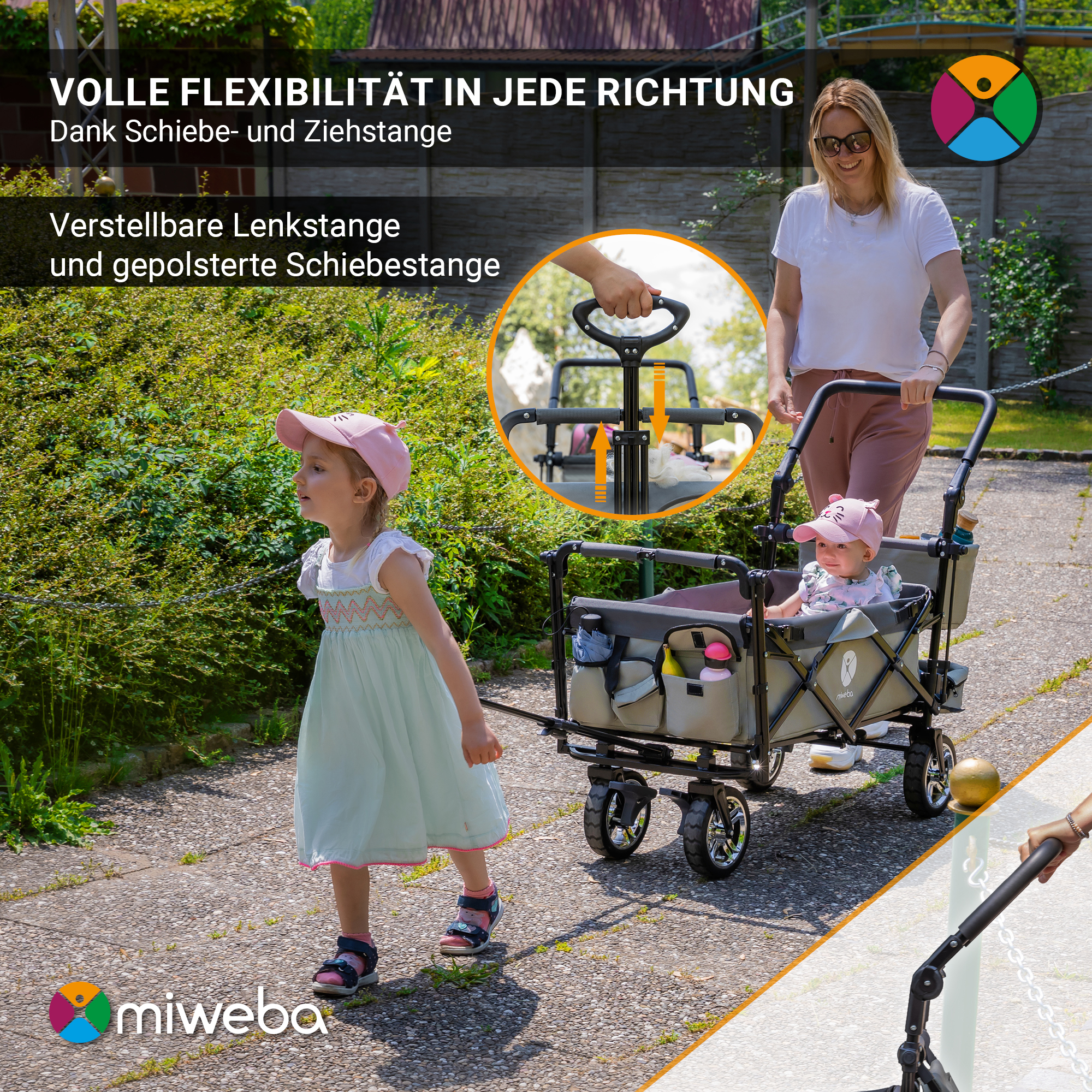 Zwei Kinder werden von einem Erwachsenen in einem Wagen gezogen. Grüne Büsche und ein Gebäude im Hintergrund.