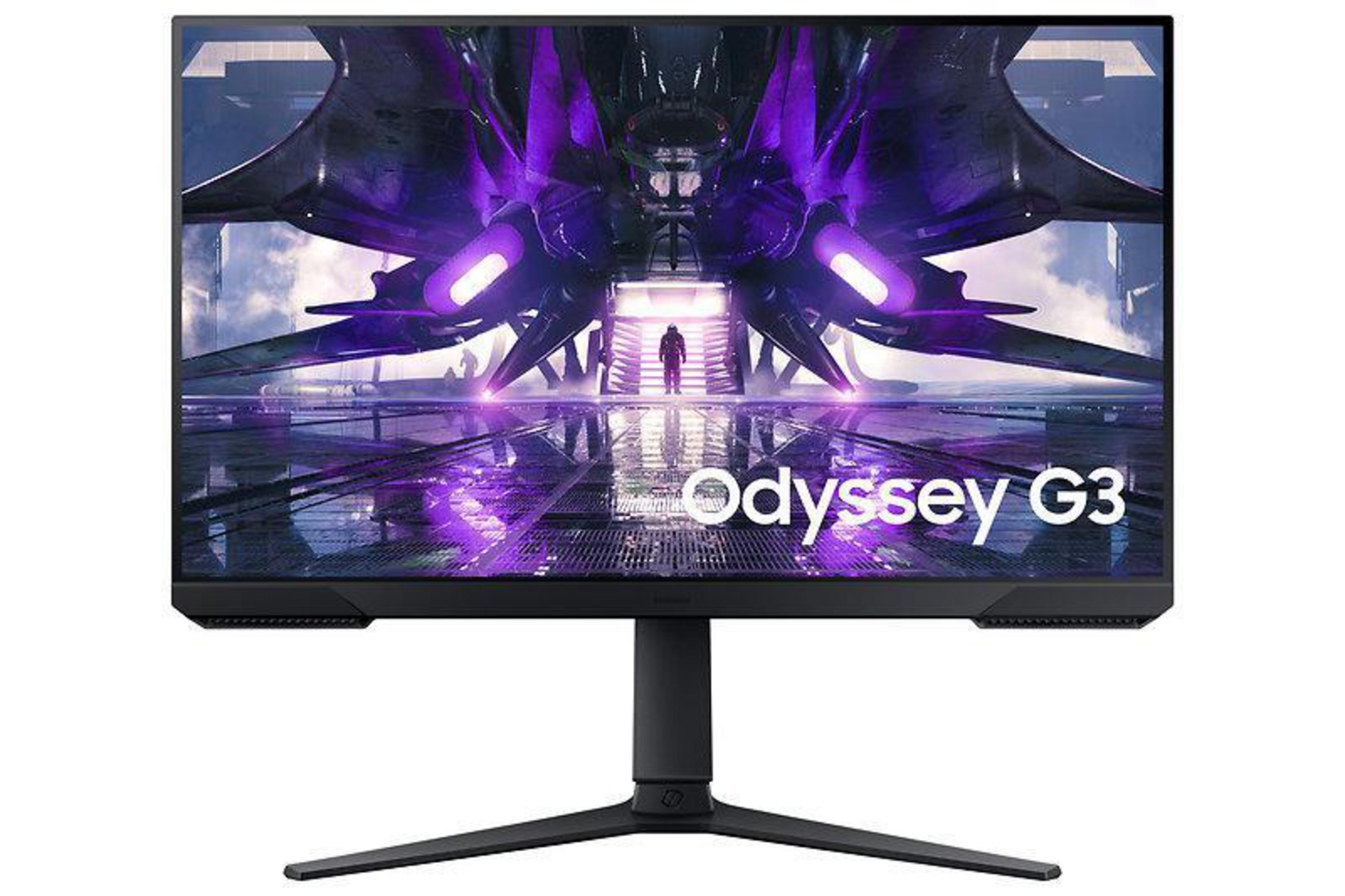 Monitor Samsung Odyssey G3 con una scena di gioco futuristica. Lo sfondo è bianco.