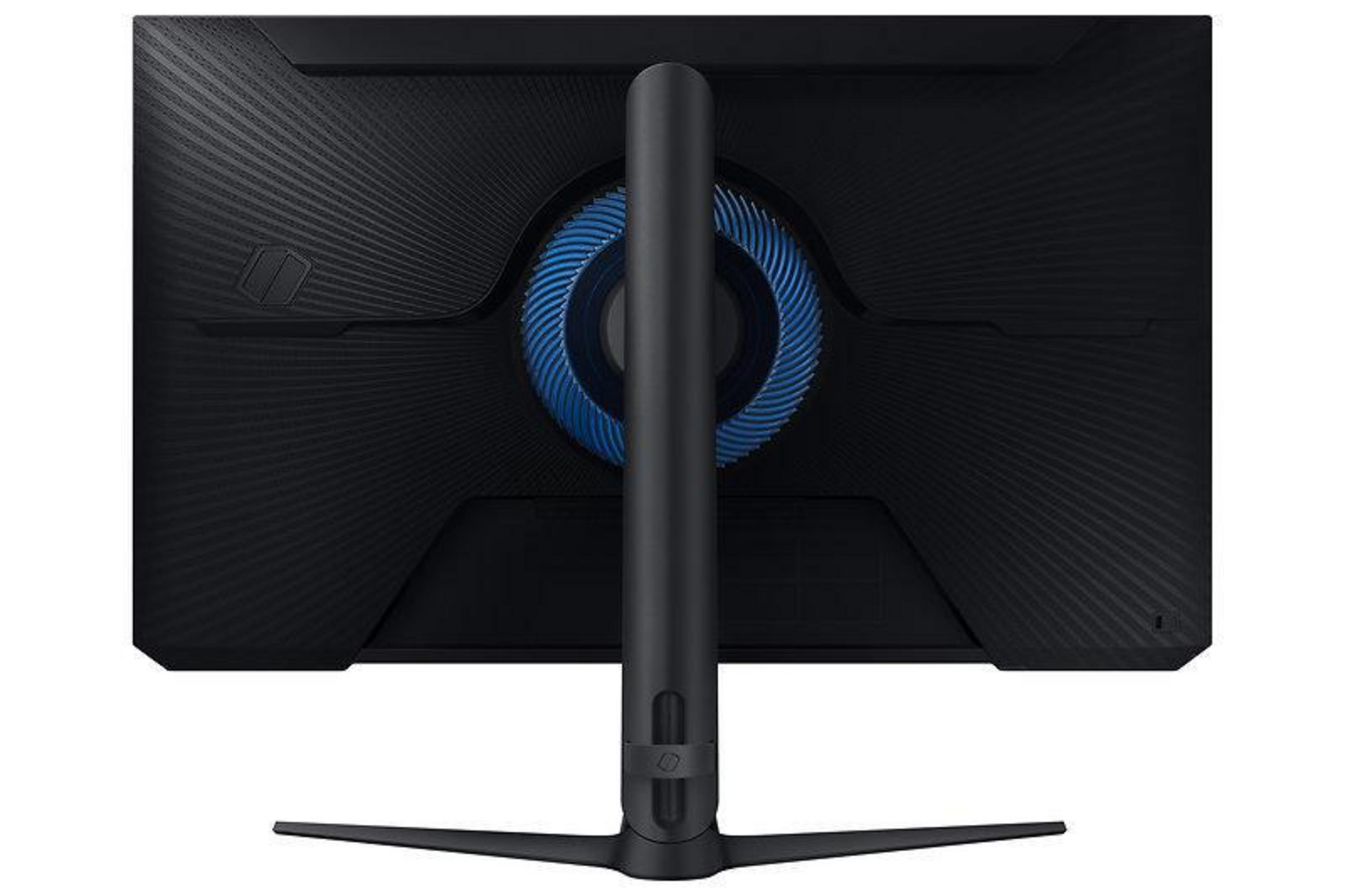 Vista posteriore di un monitor da gioco nero. Design a cerchio blu sul retro.