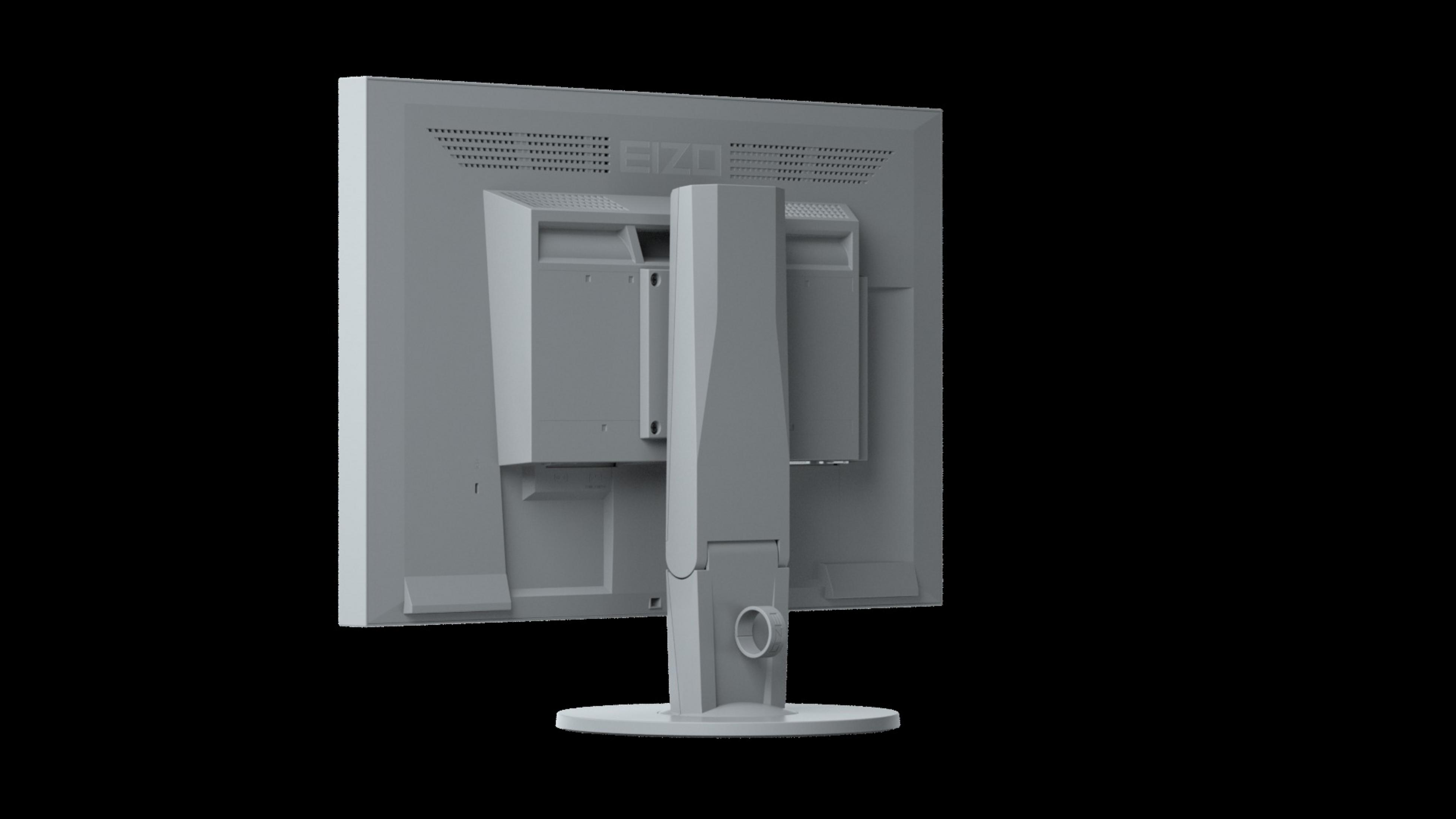 Vista posteriore di un monitor del computer grigio chiaro con supporto su sfondo nero.