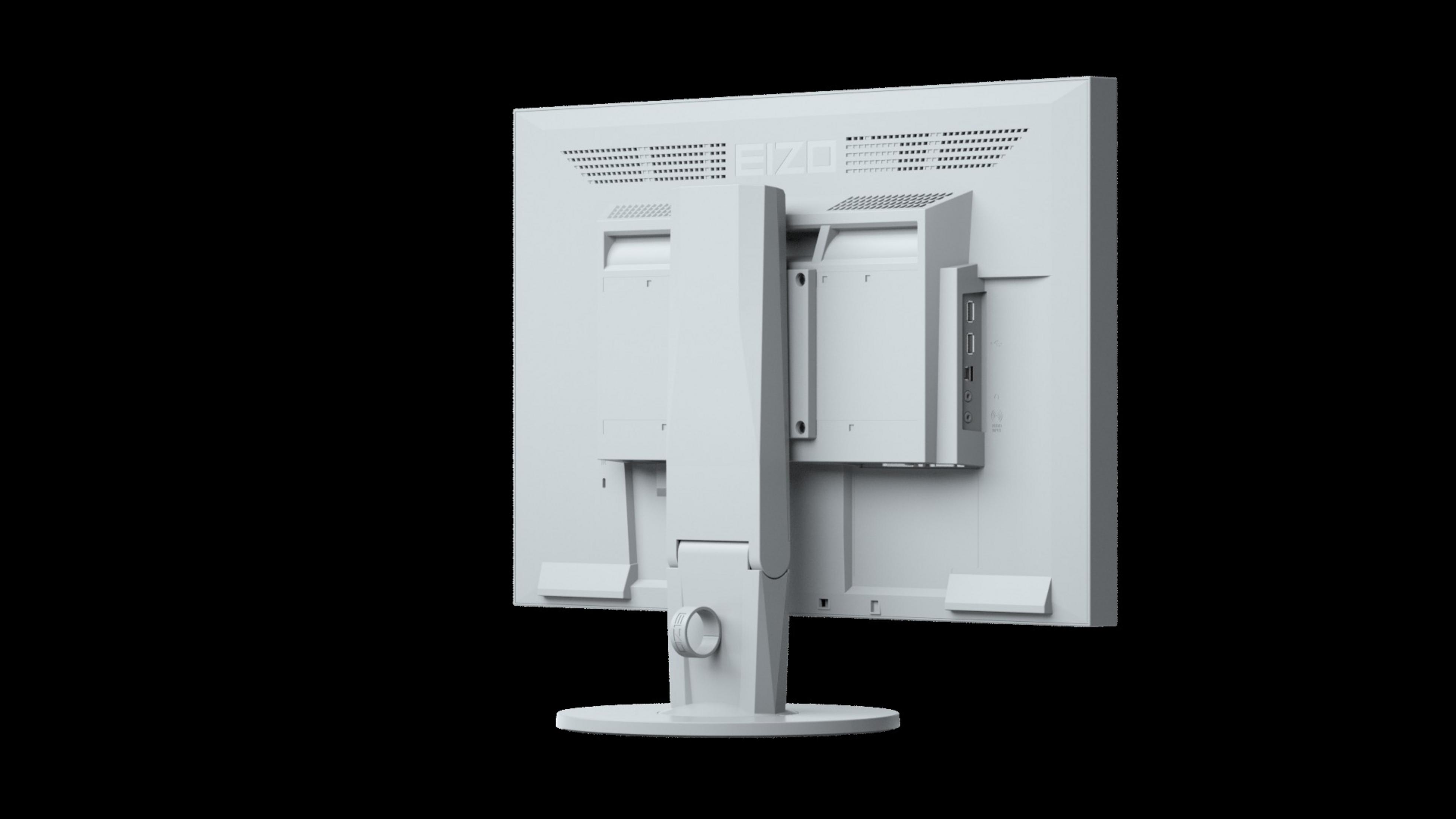 Monitor del computer bianco visto da dietro. Sfondo nero. Porte e prese d'aria visibili.