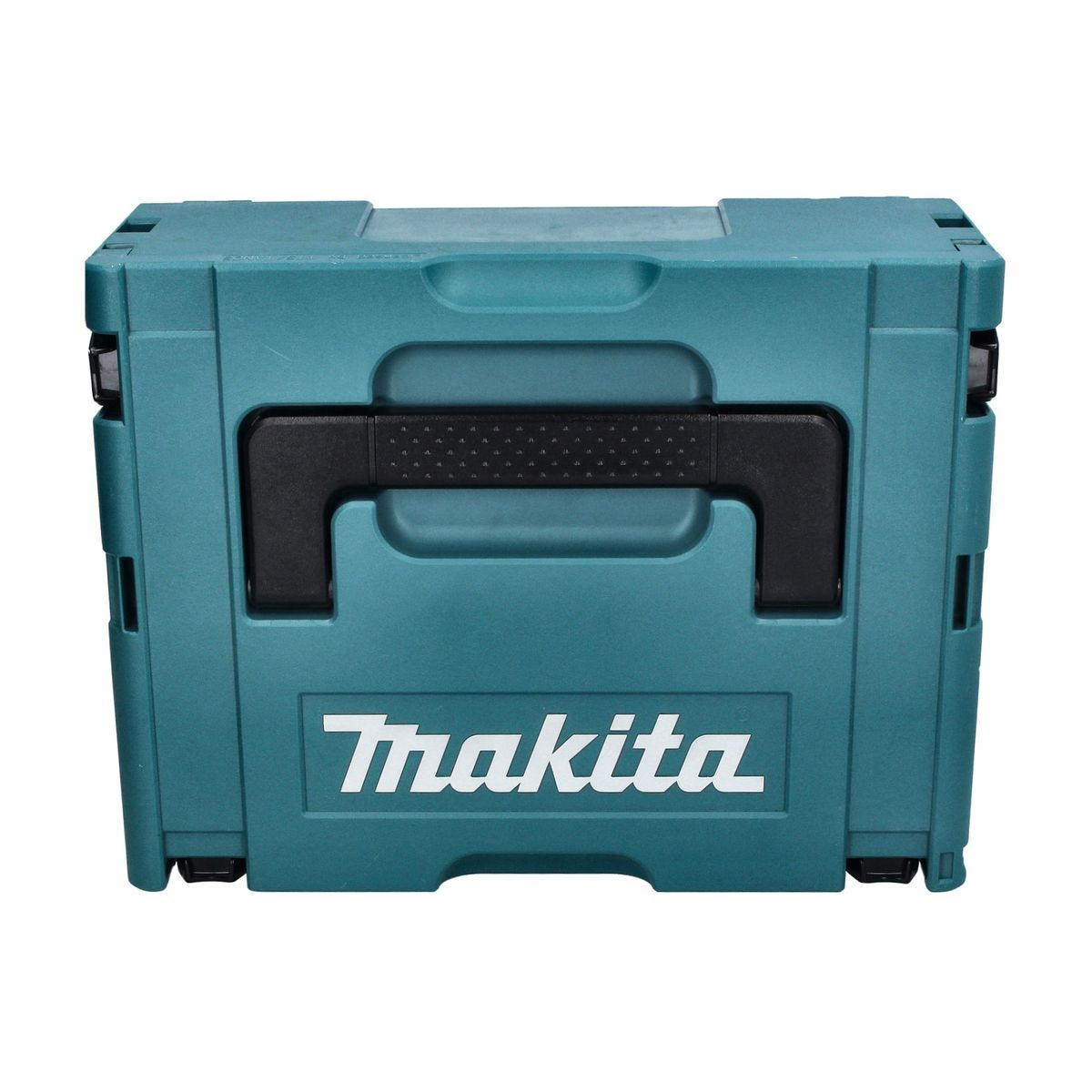 Türkisgrüne Werkzeugkiste mit schwarzem Griff und weißem Makita-Logo. Weißer Hintergrund.