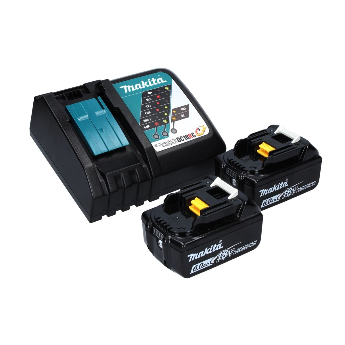 Makita-Akkuladegerät mit zwei 18-V-Akkus.