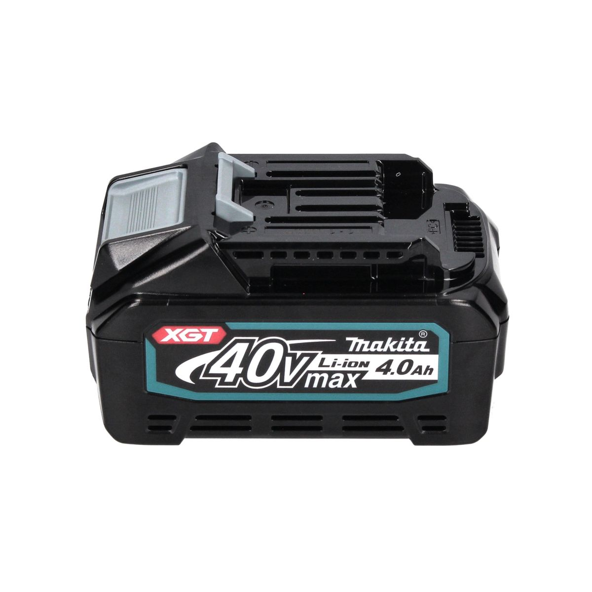 Eine schwarze und teal-farbene Makita 40V Li-Ionen-Batterie.
