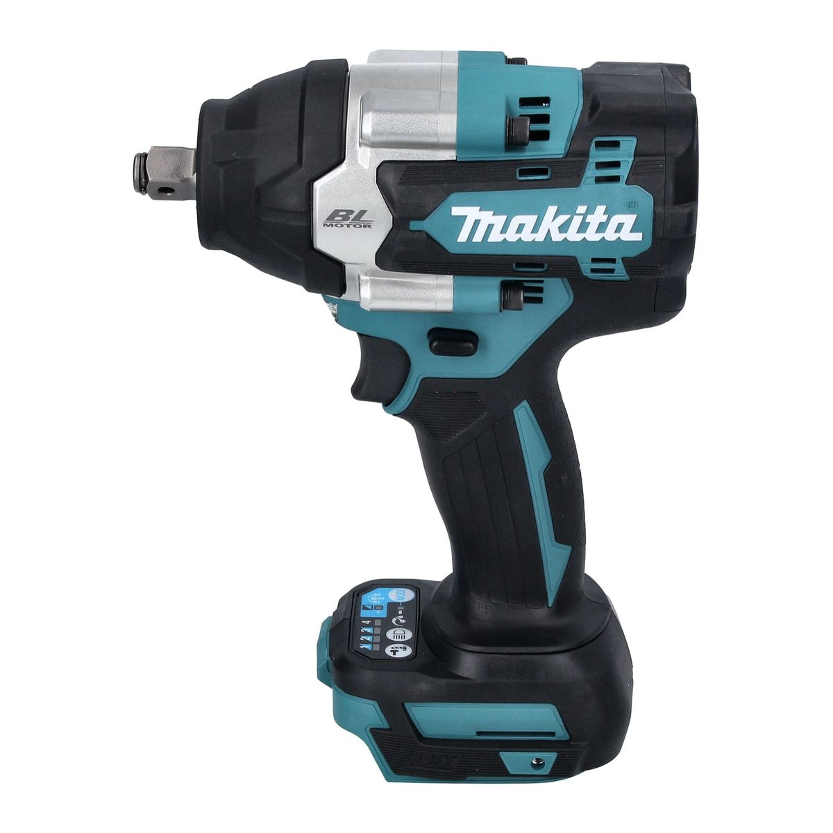 Makita Schlagschrauber, schwarz und türkis, Akku und Knöpfe. Weißer Hintergrund. BL Motor Logo sichtbar.