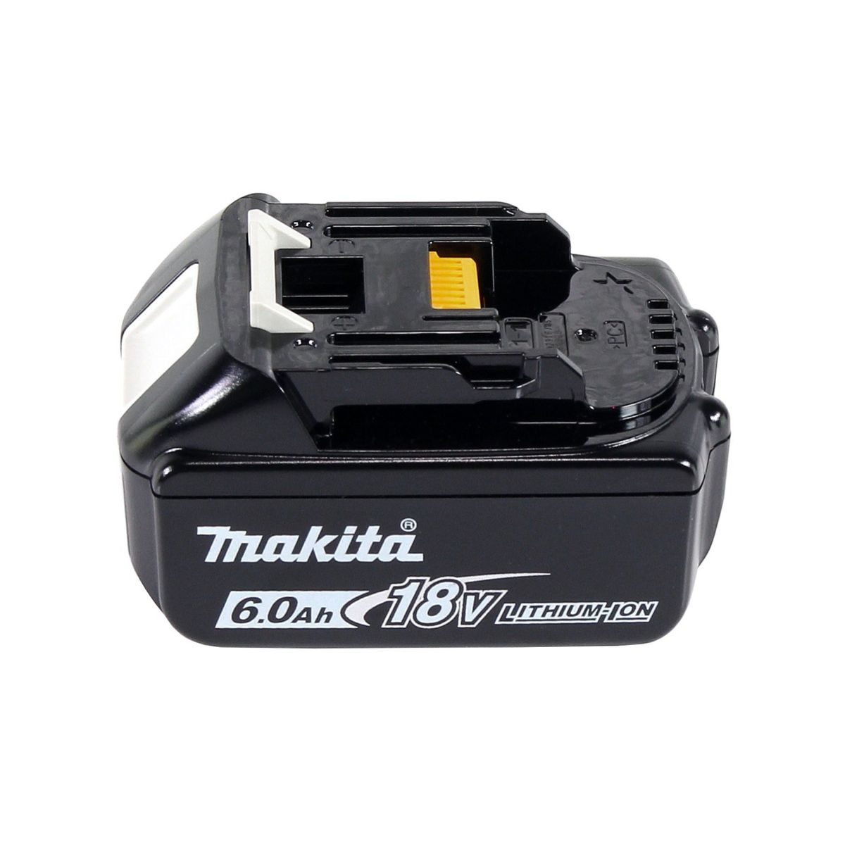 Schwarzer Makita 18V 6,0Ah Lithium-Ionen-Akku, weißer Hintergrund. Der Akku hat weiße und gelbe Akzente.
