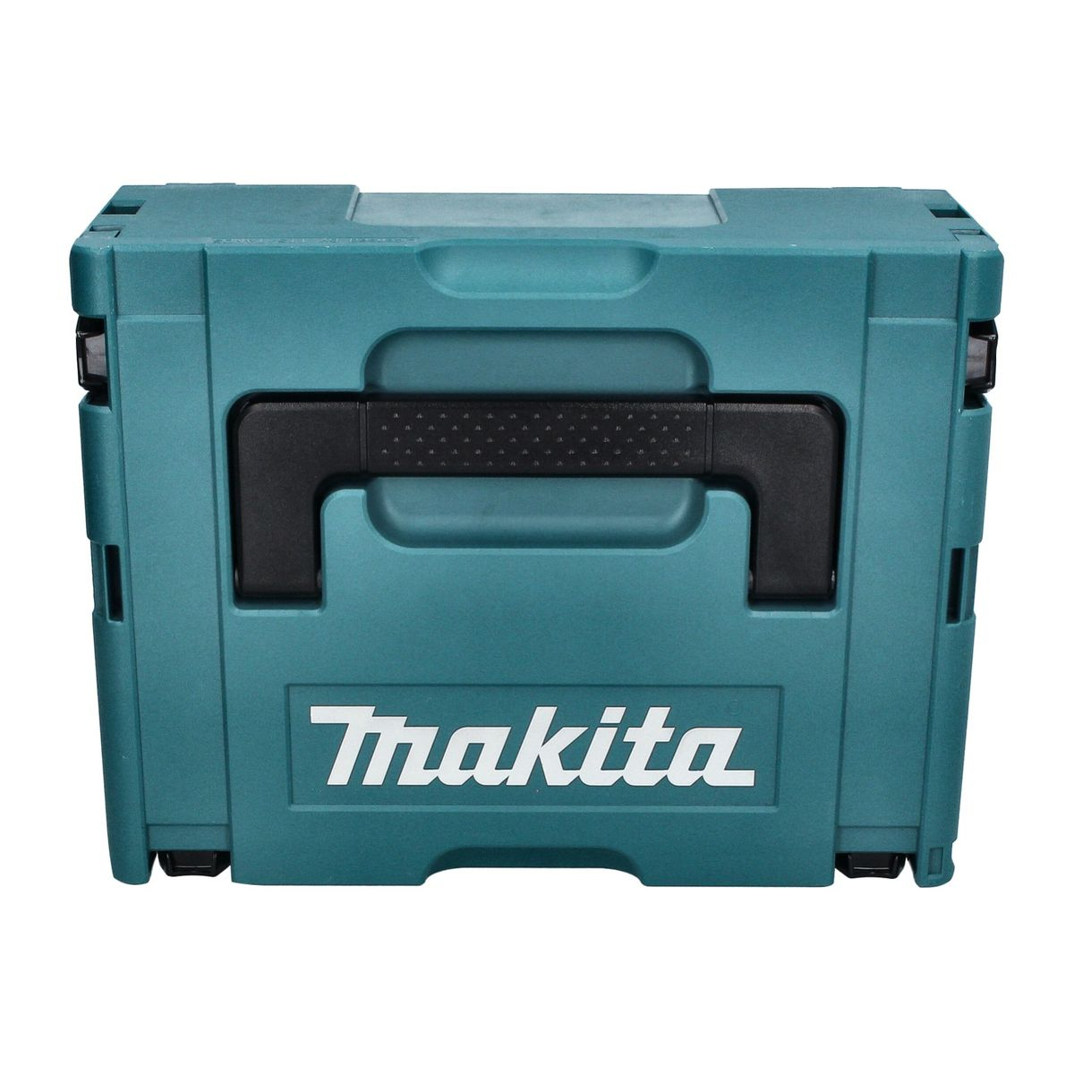 Ein türkis-farbener Makita Werkzeugkoffer mit schwarzem Griff und dem Makita Logo.