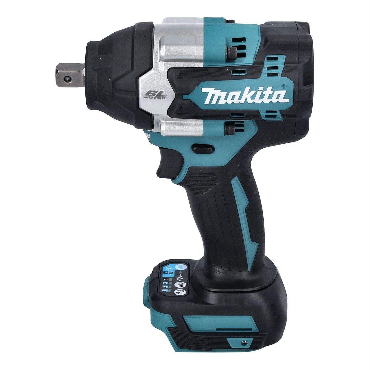 Schwarzer und türkisfarbener Makita-Schlagschrauber. Er hat einen Akku, BL-Motor und Makita-Logo.