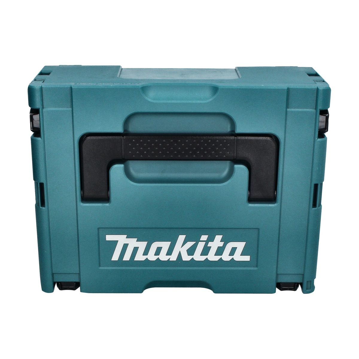 Türkisfarbene Aufbewahrungsbox mit schwarzem Griff. Makita-Logo auf der Vorderseite. Für Werkzeuge und Geräte.