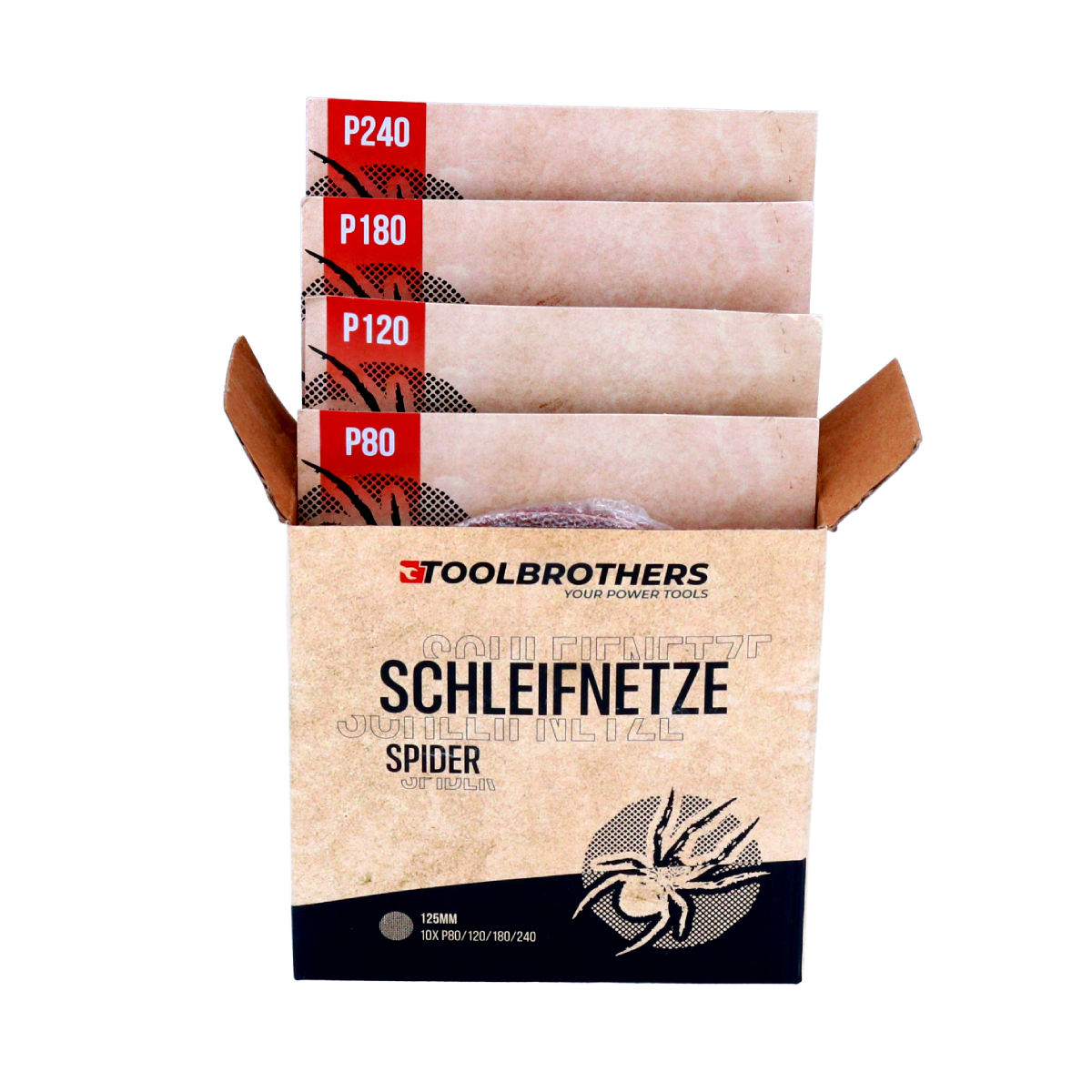 Eine Schachtel mit Schleifnetzen in verschiedenen Körnungen, beschriftet mit Text und einer Spinnengrafik.