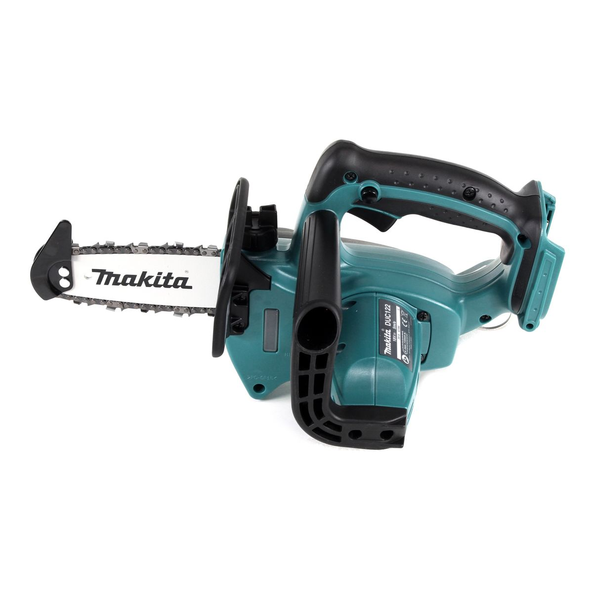 Une tronçonneuse sans fil Makita turquoise et noire sur fond blanc. Elle est inclinée vers la gauche.