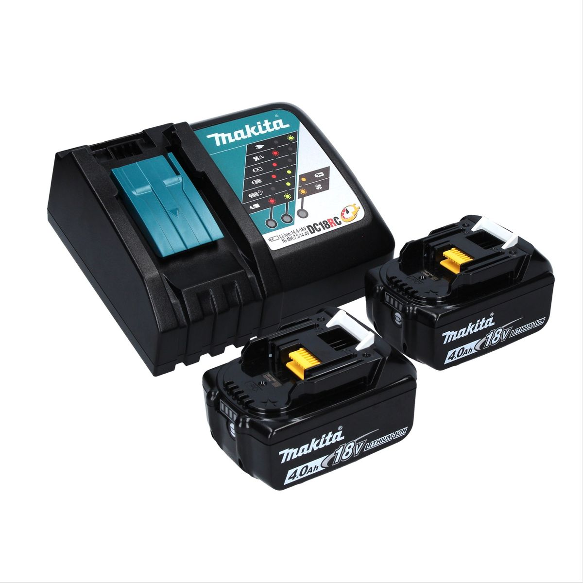 Ein Makita-Batterieladegerät mit zwei Akkus. Das Ladegerät und die Akkus sind schwarz und türkis.