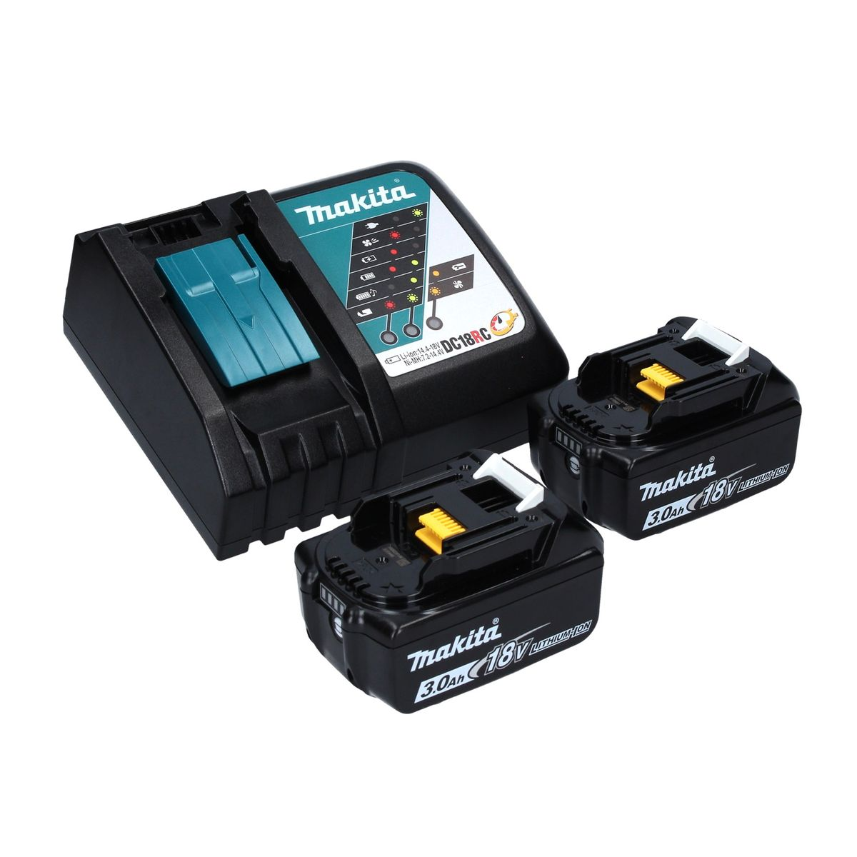 Makita-Akkuladegerät und zwei schwarze Makita 18V-Akkus auf weißem Hintergrund.