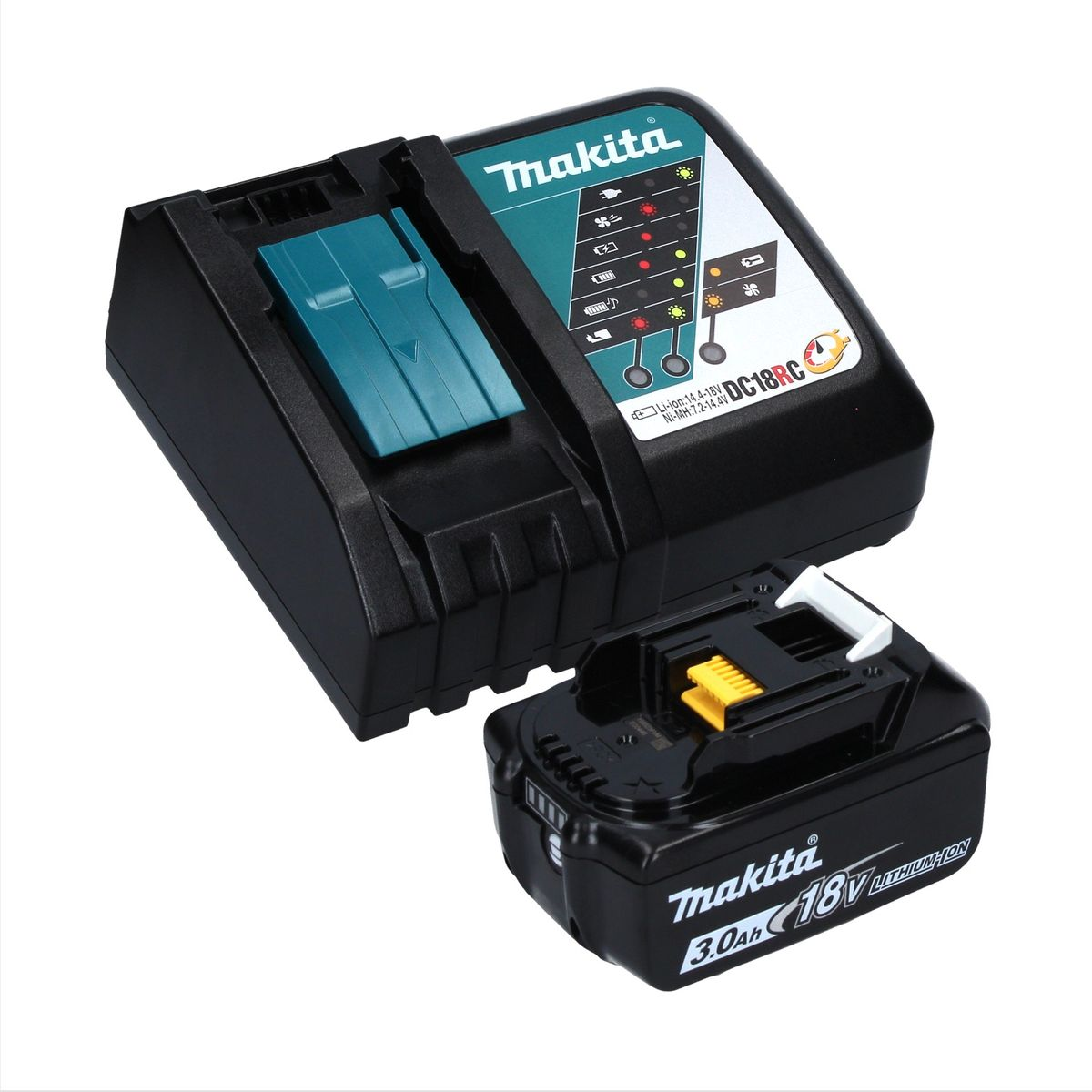 Makita Akkuladegerät und 18V Akku. Schwarz-Türkis Farbschema.