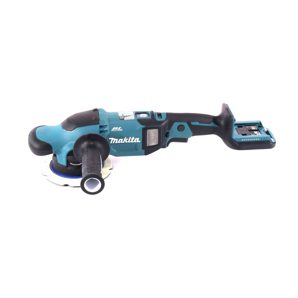 Makita Poliermaschine. Schwarz und Türkis, mit BL Motor Logo. Freigestellt auf Weiß.