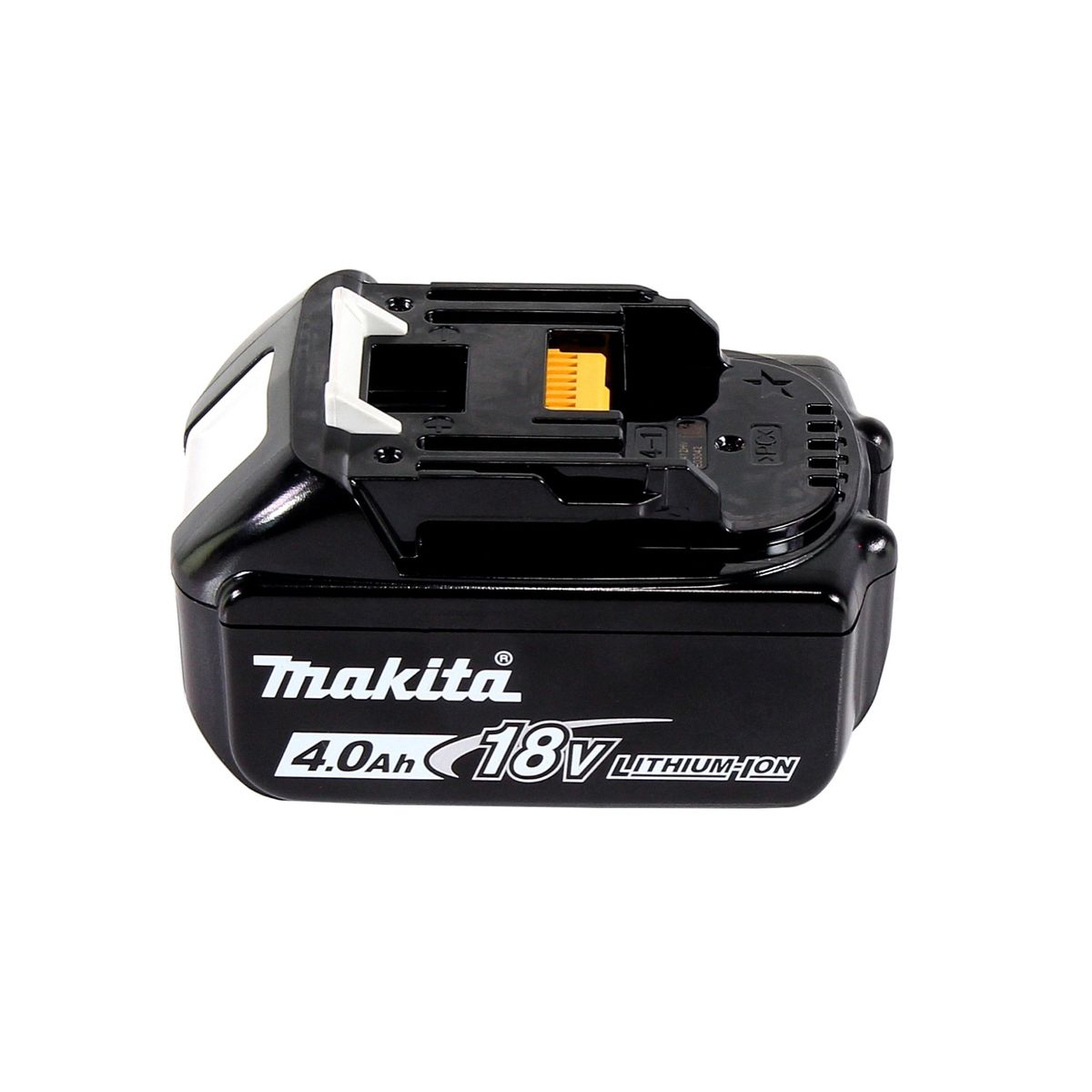 Schwarzer Makita 18V 4,0Ah Lithium-Ionen-Akku. Der Akku hat weiße und gelbe Akzente und ist auf weißem Hintergrund.