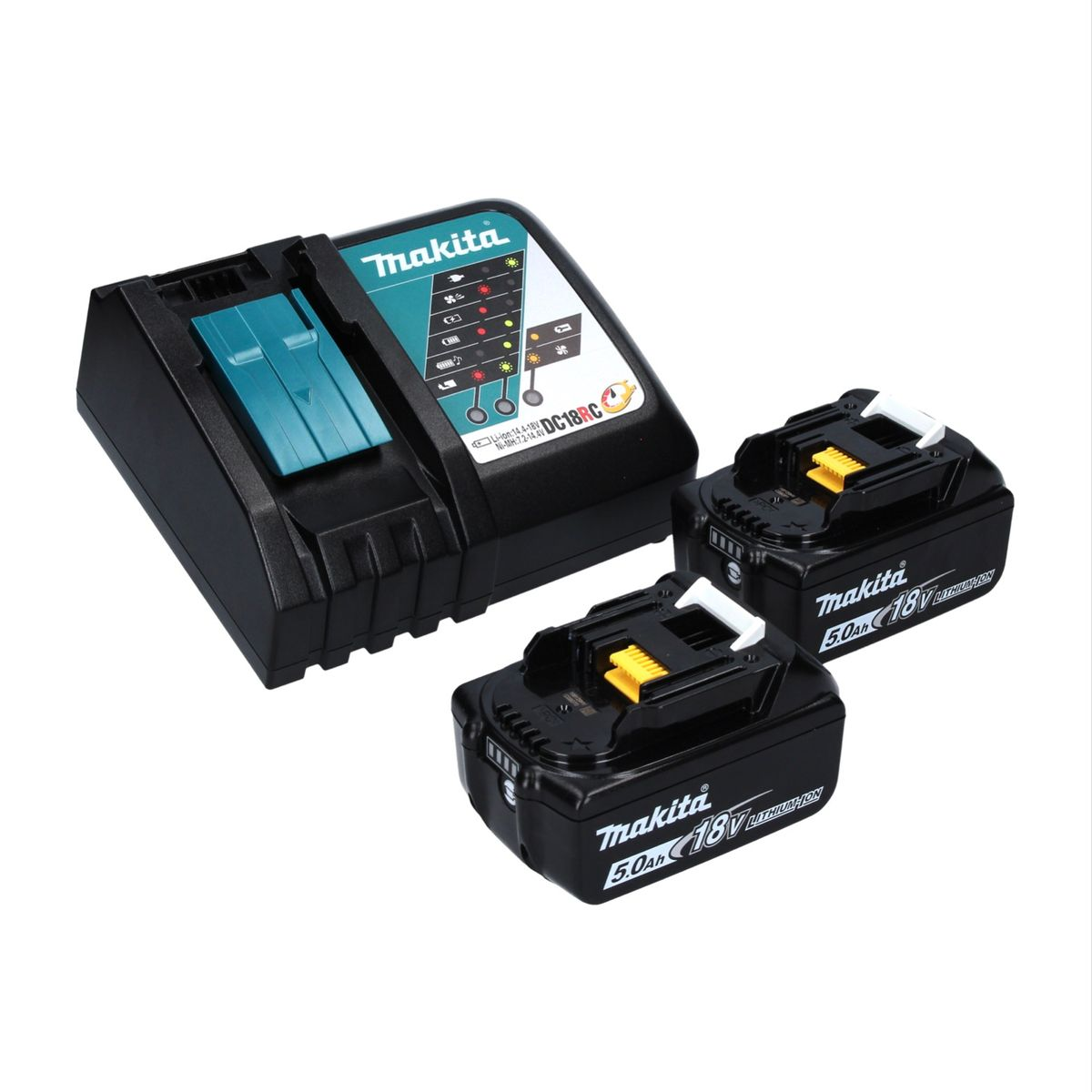 Makita Batterieladegerät mit zwei 18V Batterien. Schwarzes Ladegerät und Batterien auf weißem Hintergrund.
