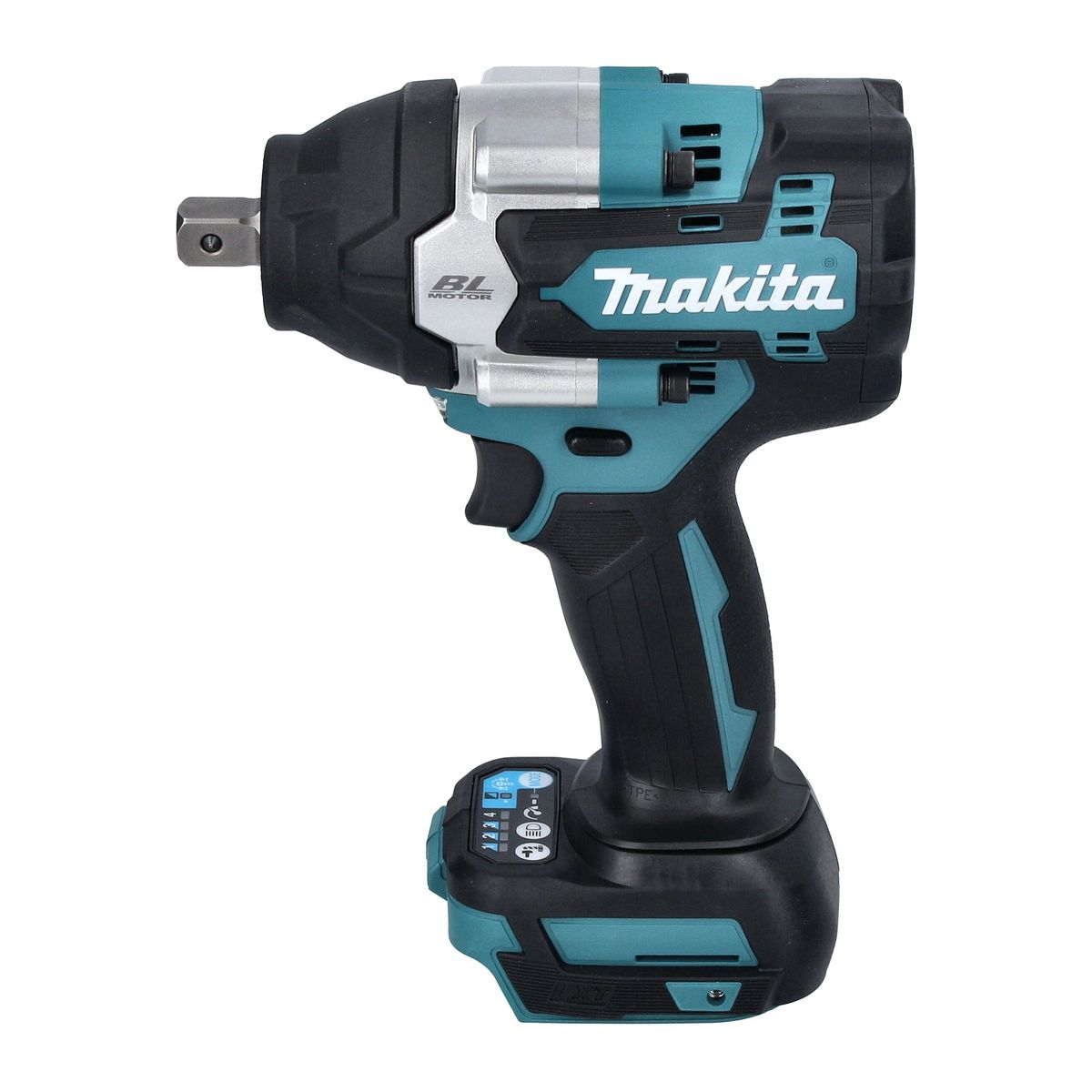 Ein schwarzer und türkisfarbener Makita-Schlagschrauber wird gezeigt, mit dem Logo der Marke und einem BL MOTOR-Label.