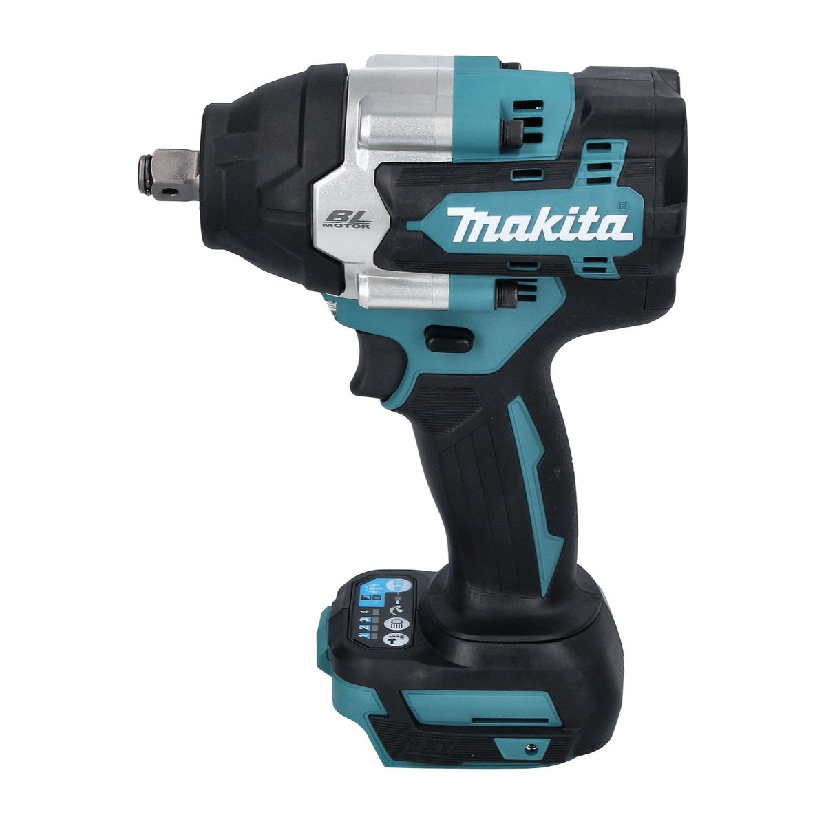 Makita-Schlagschrauber, schwarz und türkis, mit aufgesetztem Akku.