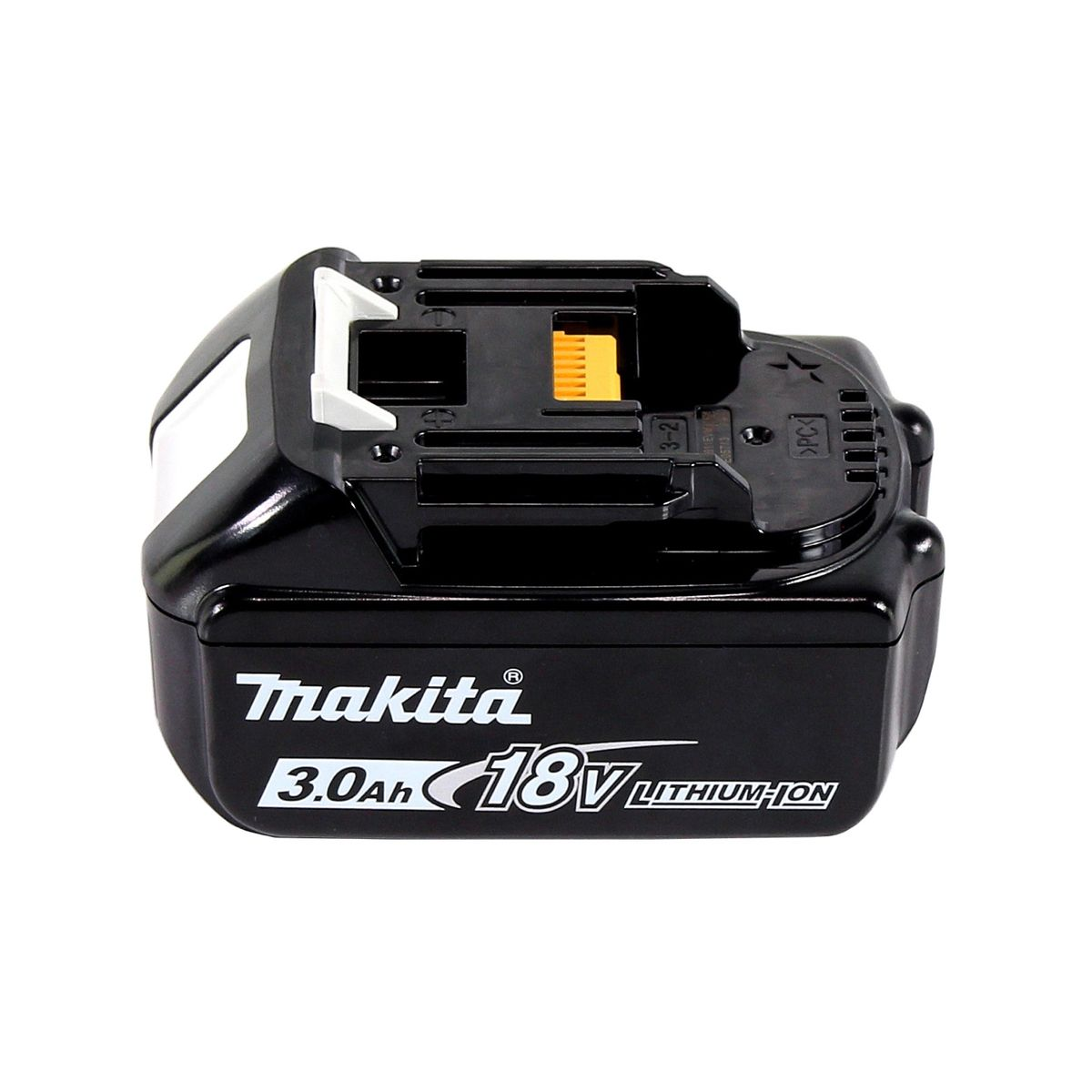 Ein schwarzer Makita 3,0 Ah 18V Lithium-Ionen-Akku.