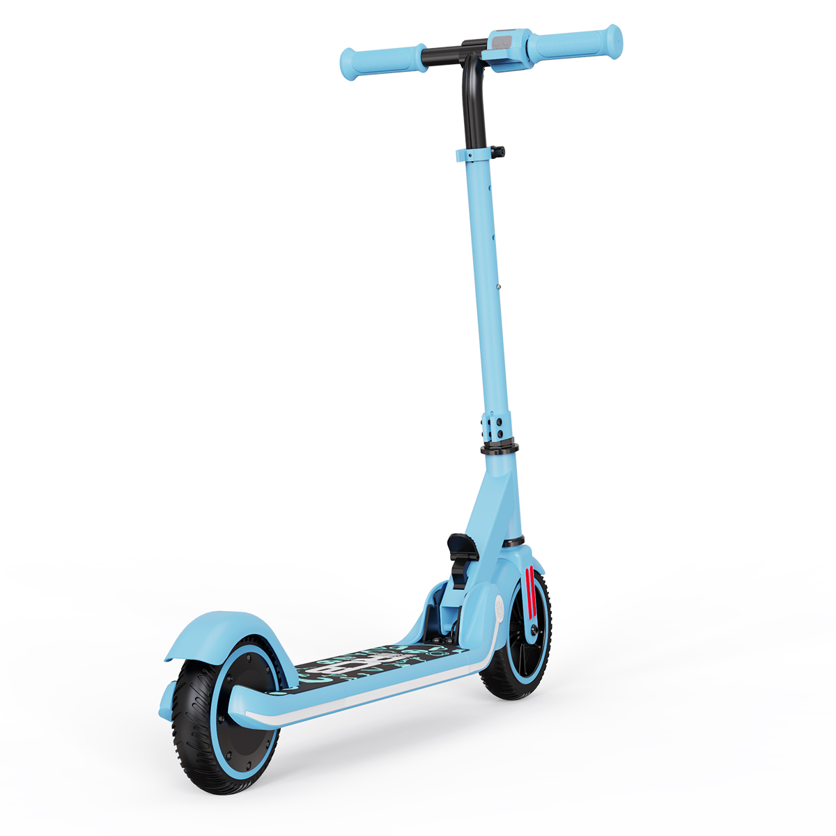 Patinete azul plegable con ruedas negras. El patinete tiene una franja blanca y un mástil negro.
