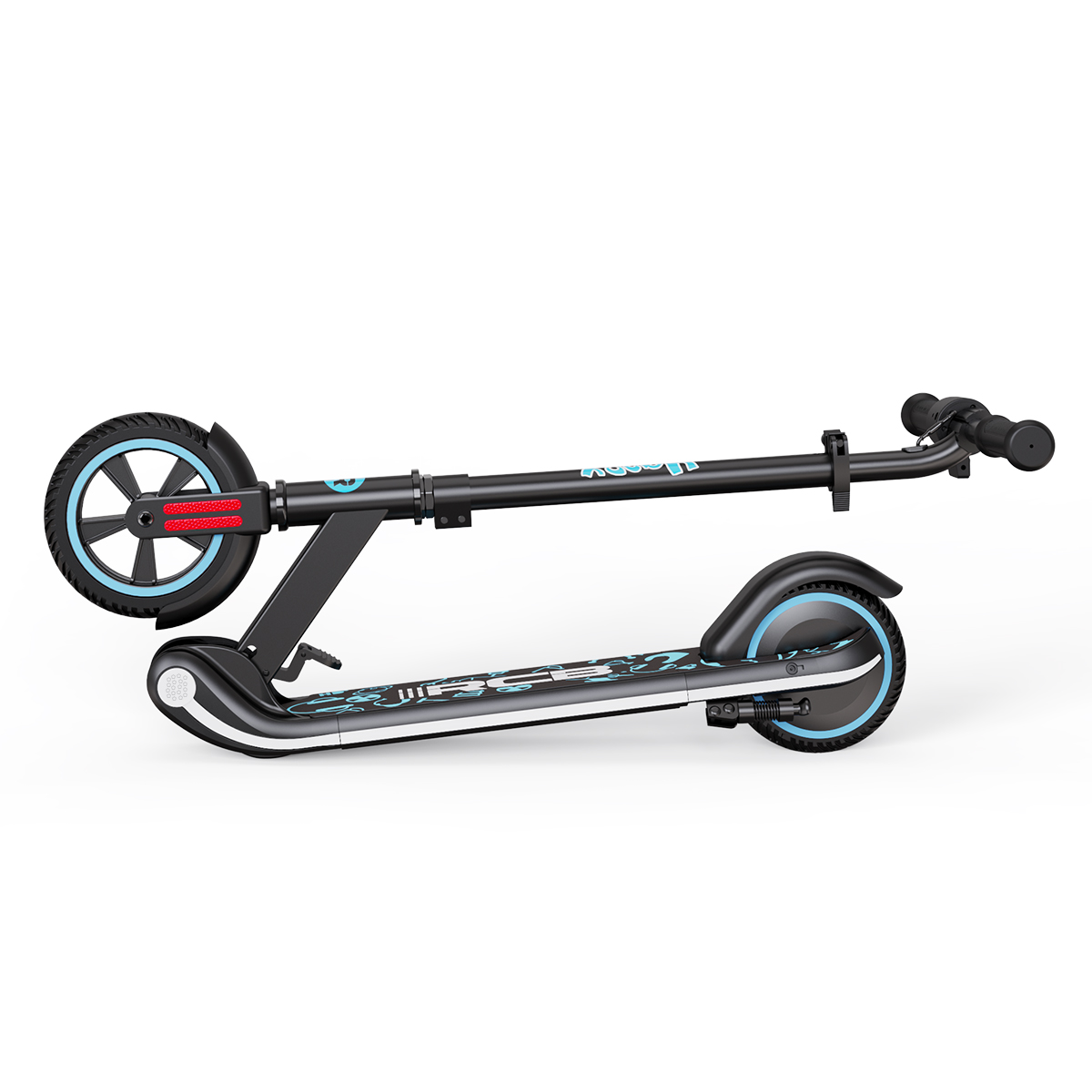 Patinete eléctrico negro y azul tumbado de lado, mostrando ruedas y chasis.