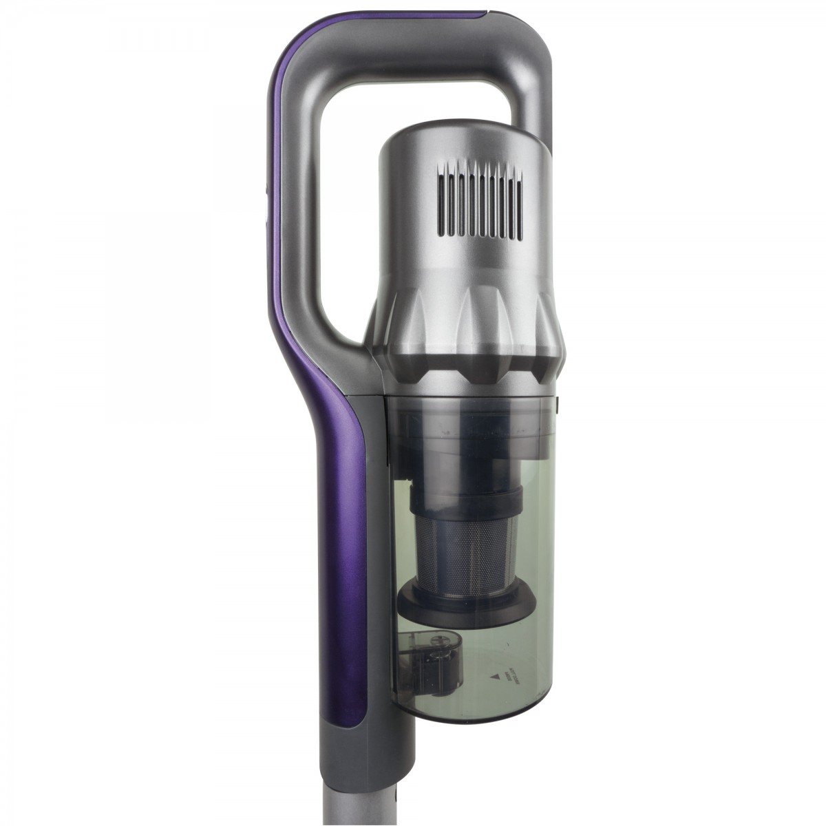 Un aspirapolvere portatile. È viola e argento, con un contenitore per la polvere trasparente.