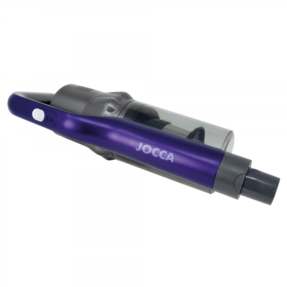 Un aspirapolvere portatile viola e grigio, sfondo bianco. JOCCA è scritto sull'impugnatura.