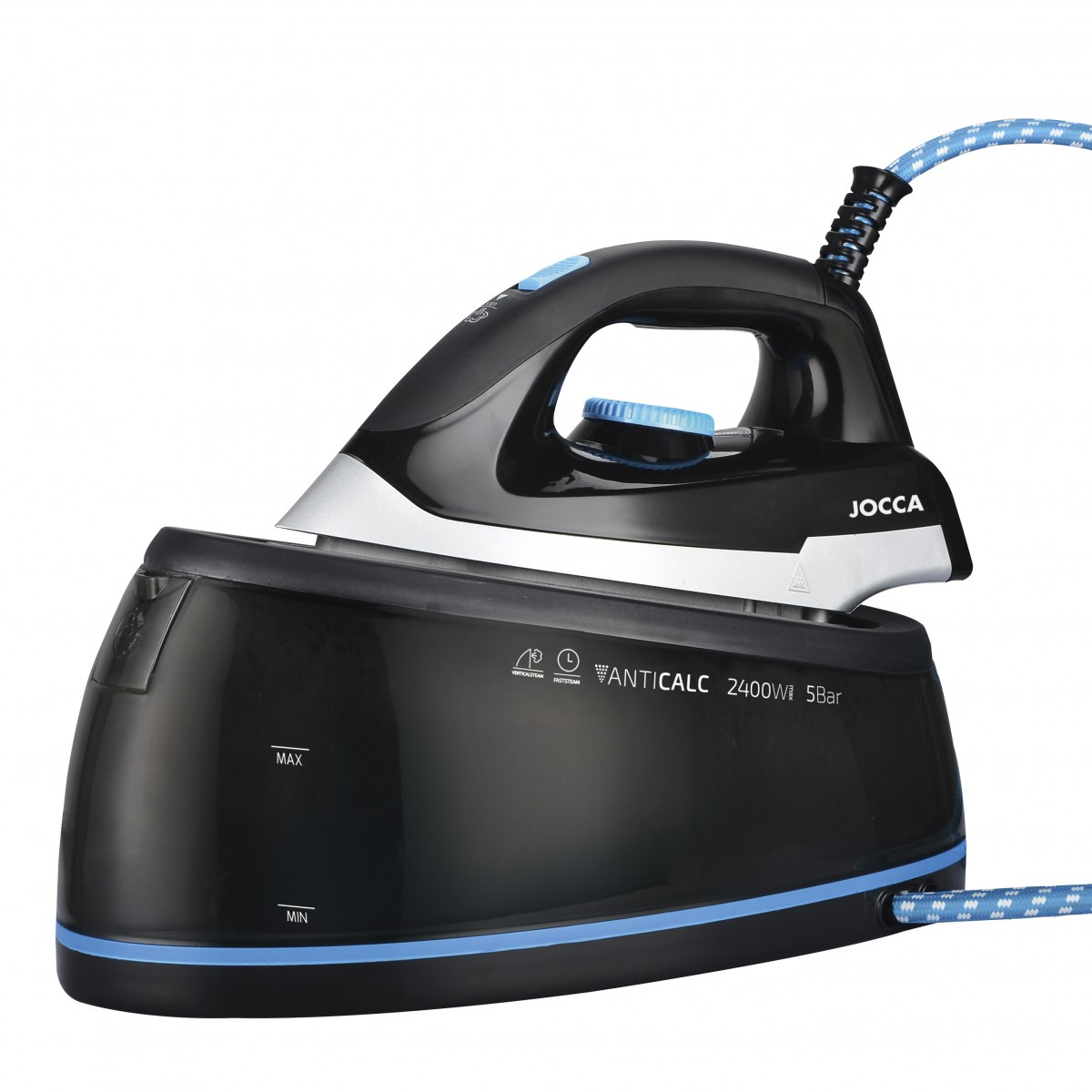 Ferro da stiro a vapore nero e blu con cavo intrecciato blu.