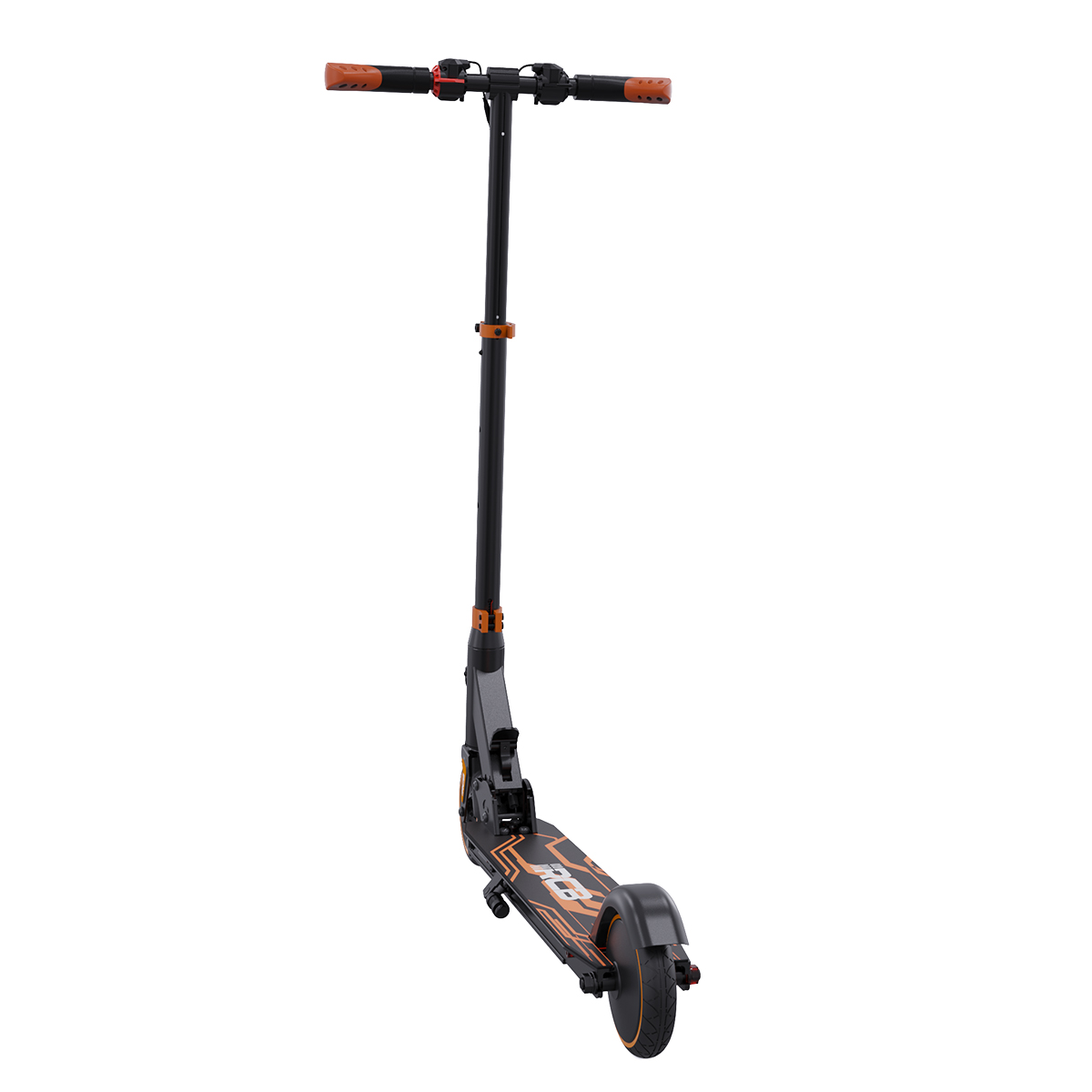 Patinete eléctrico negro y naranja. El patinete tiene detalles en naranja y un marco negro. Fondo blanco.