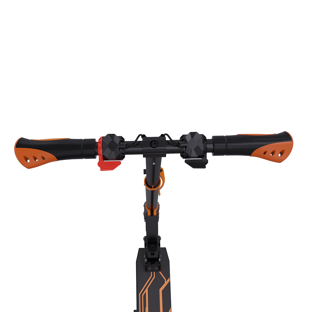Manillar de patinete eléctrico negro y naranja. El fondo es blanco.