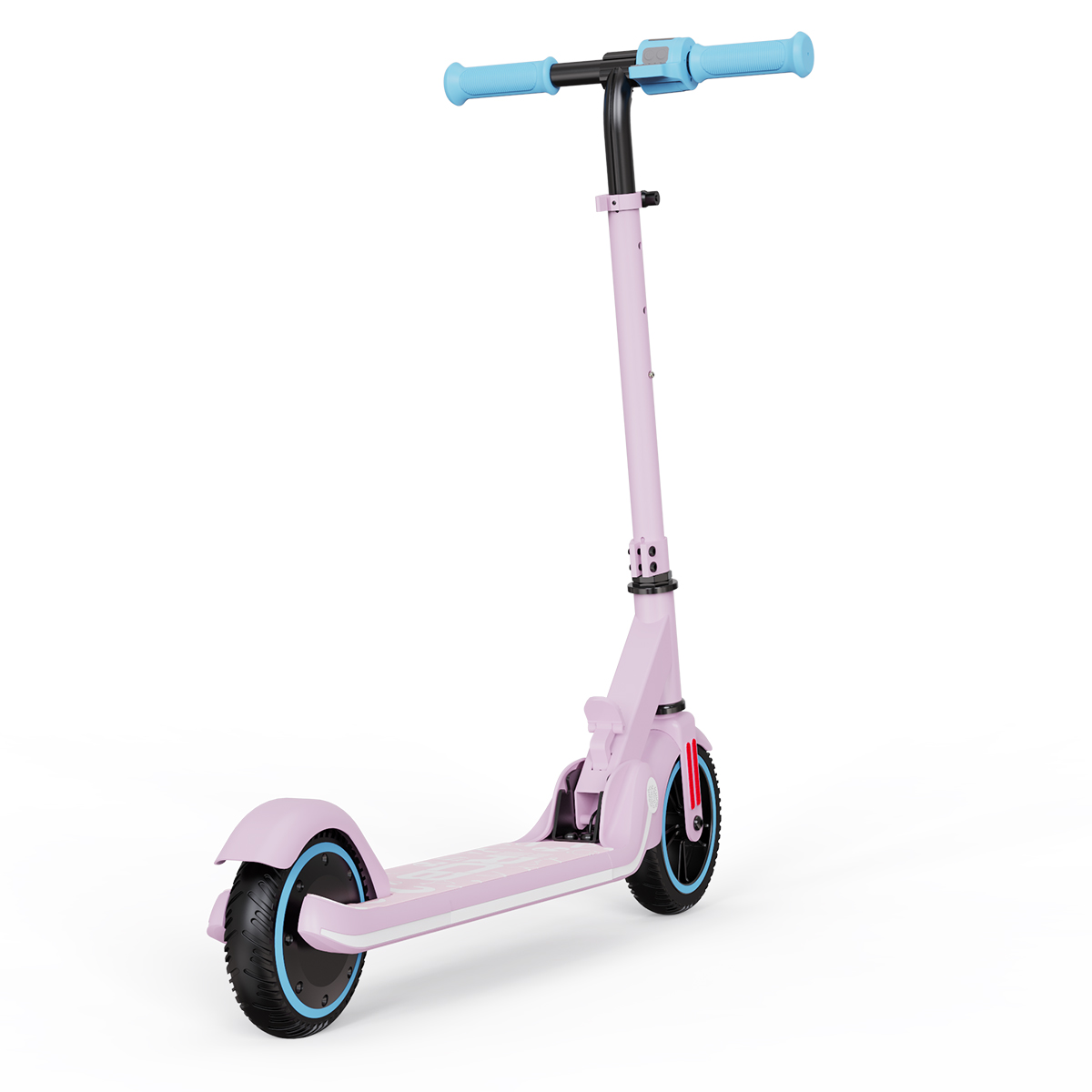 Un patinete rosa con manillar y ruedas azules. Está sobre un fondo blanco, inclinado a la derecha.