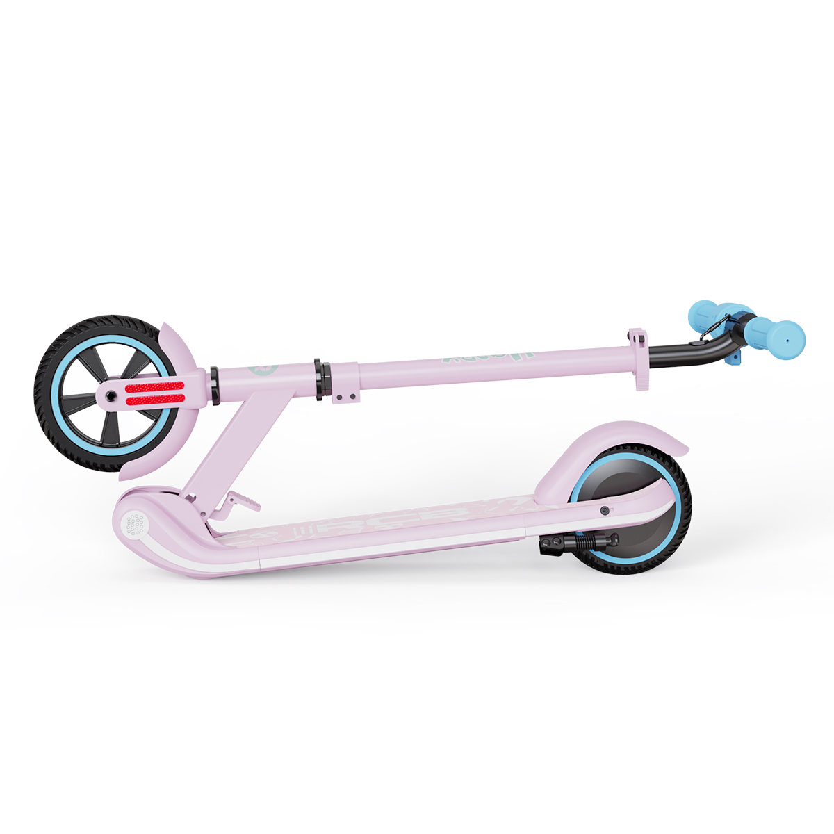 Scooter rosa plegado con detalles azules, sobre una superficie blanca.