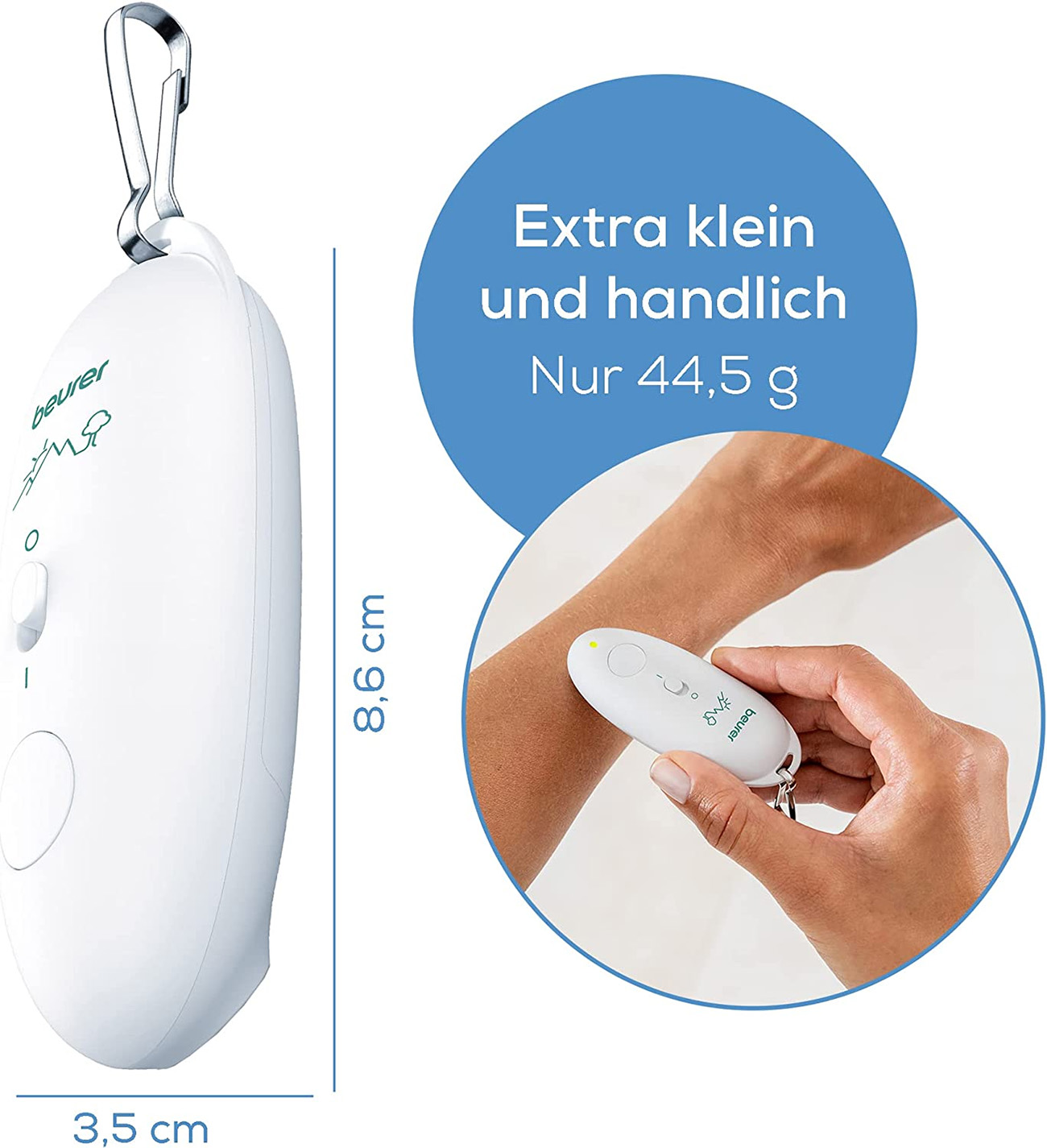 Piccolo dispositivo bianco, in mano, testo: 'Extra klein und handlich, Nur 44,5 g'.