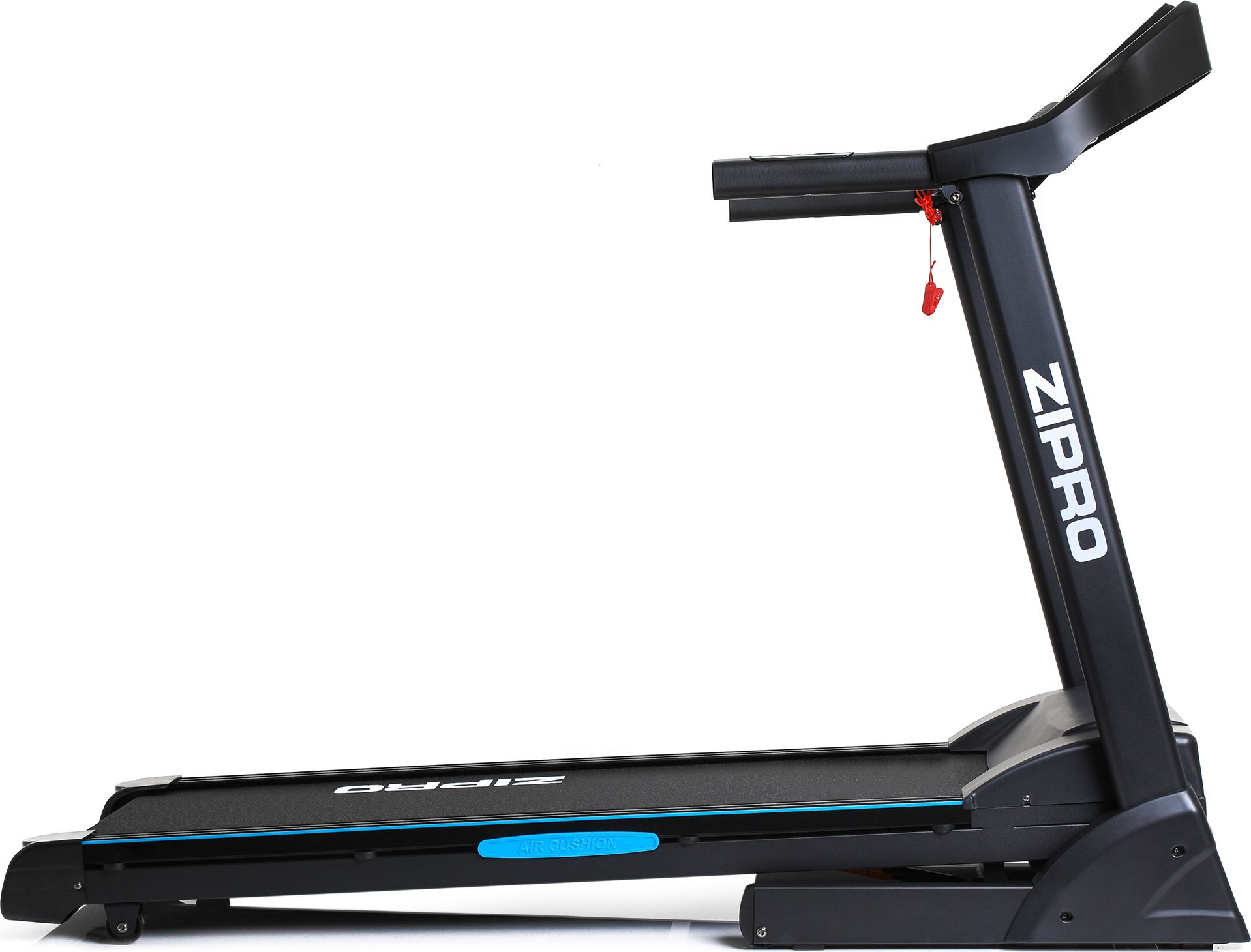 Czarny bieżnia ZIPRO, widok z boku, z czerwonym sznurkiem bezpieczeństwa. Białe tło.