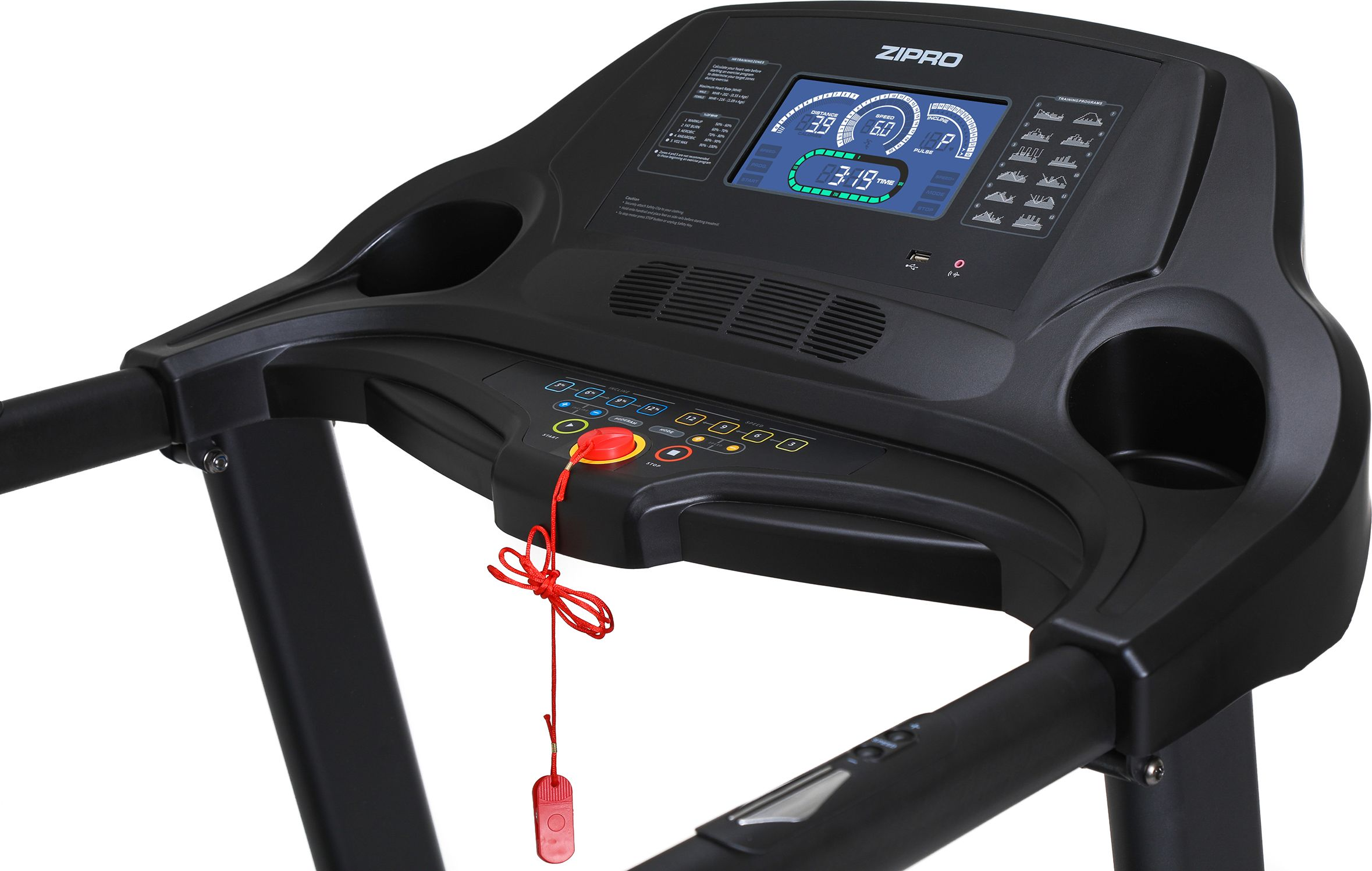 Czarna bieżnia z wyświetlaczem pokazującym prędkość. Wyświetlacz pokazuje różne dane.