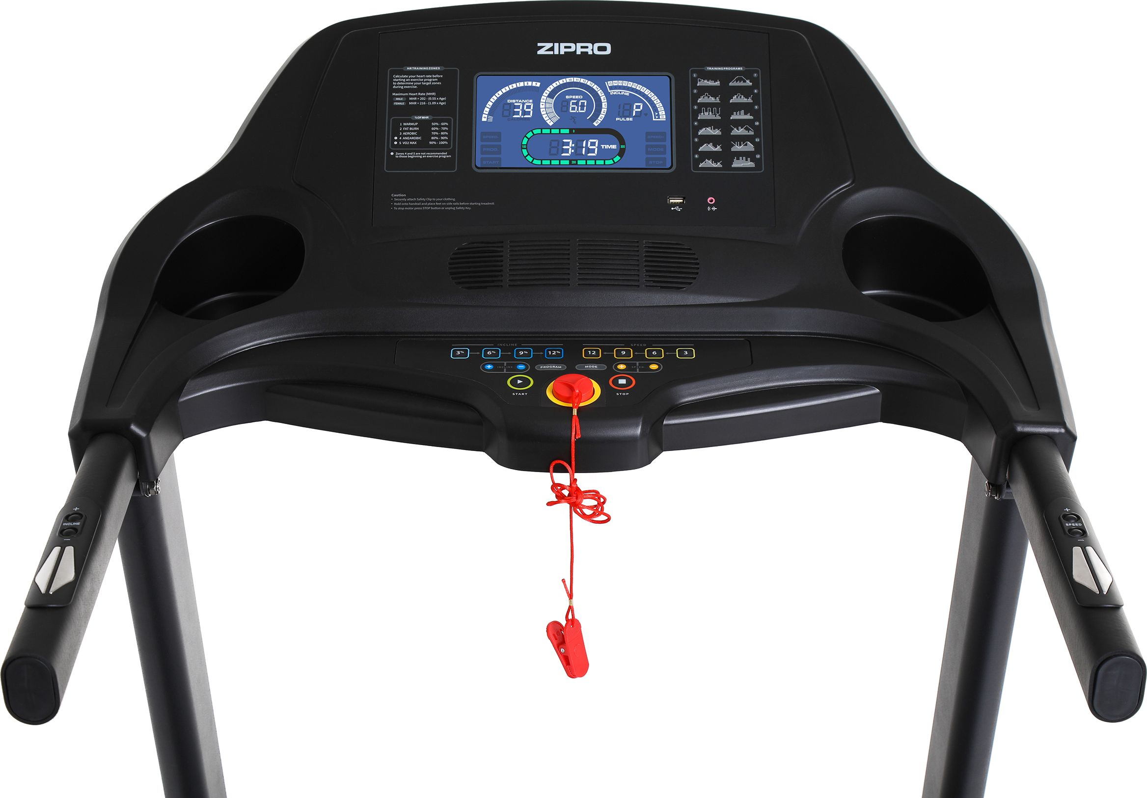 Czarna bieżnia z wyświetlaczem cyfrowym, przyciskiem awaryjnego zatrzymania i poręczami.