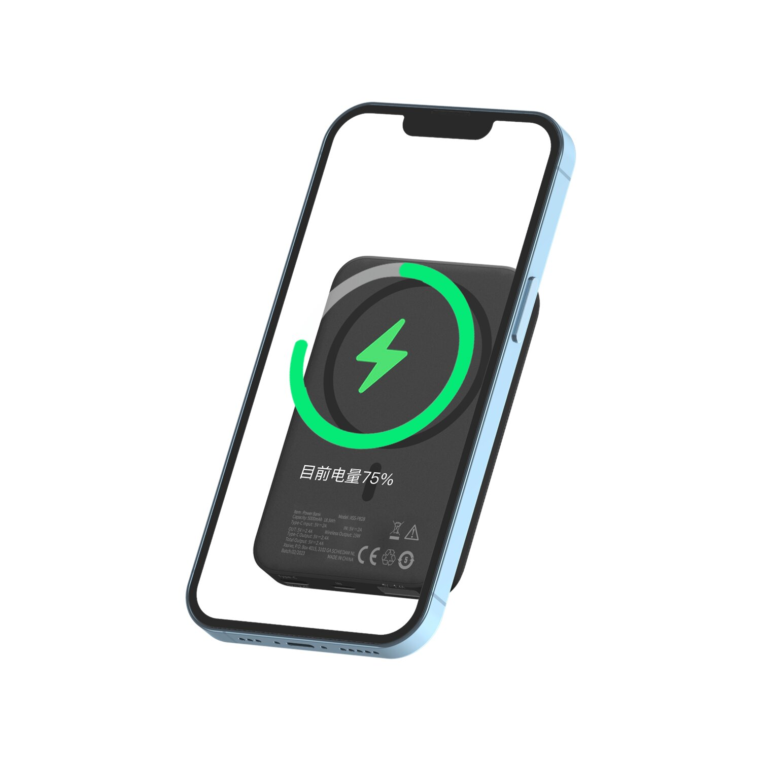 Ein Telefon mit einem magnetischen Ladegerät. Das Telefon ist hellblau und das Ladegerät ist schwarz.