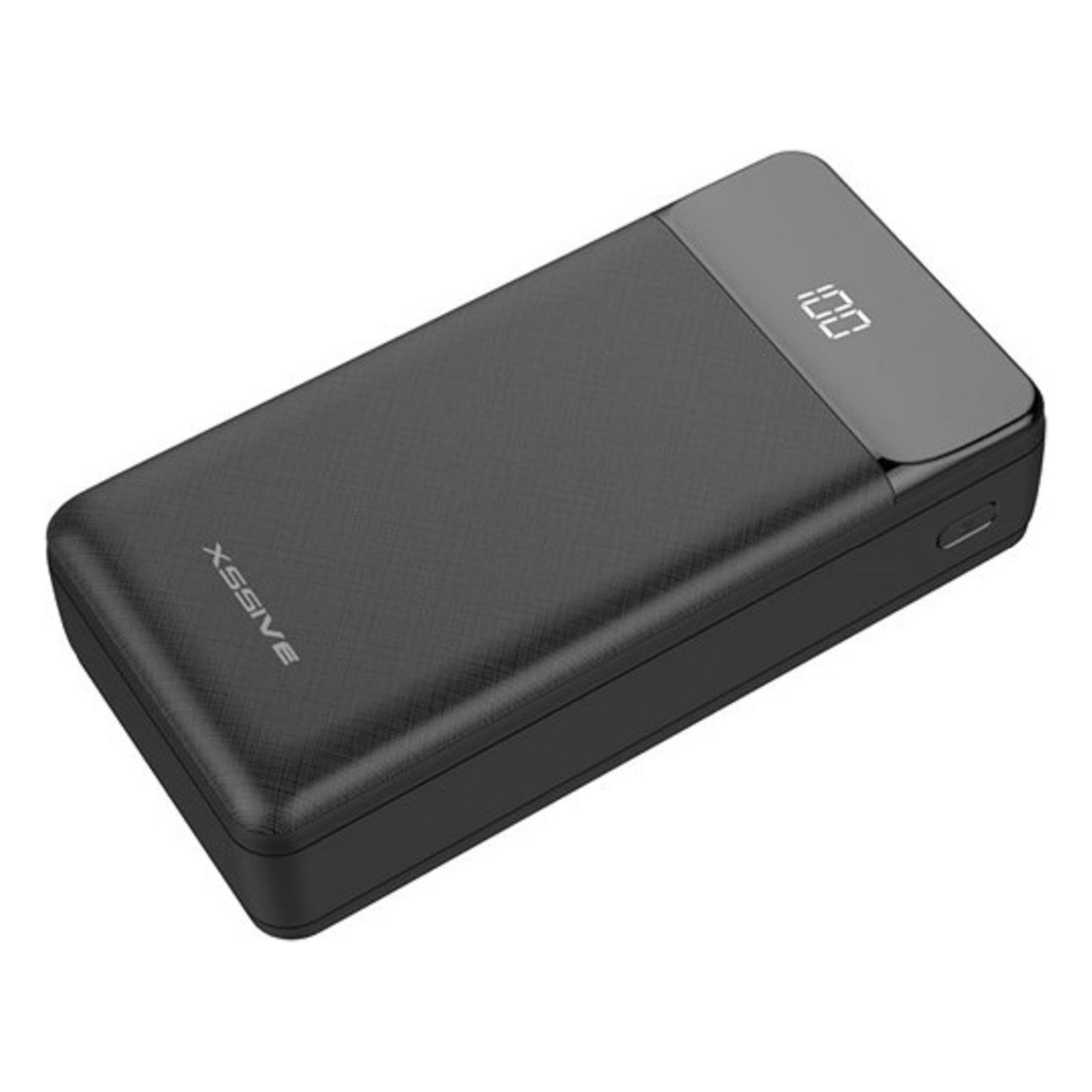 Schwarze Powerbank mit Digitalanzeige, die 100 % anzeigt. Rechteckige Form. Weißer Hintergrund.