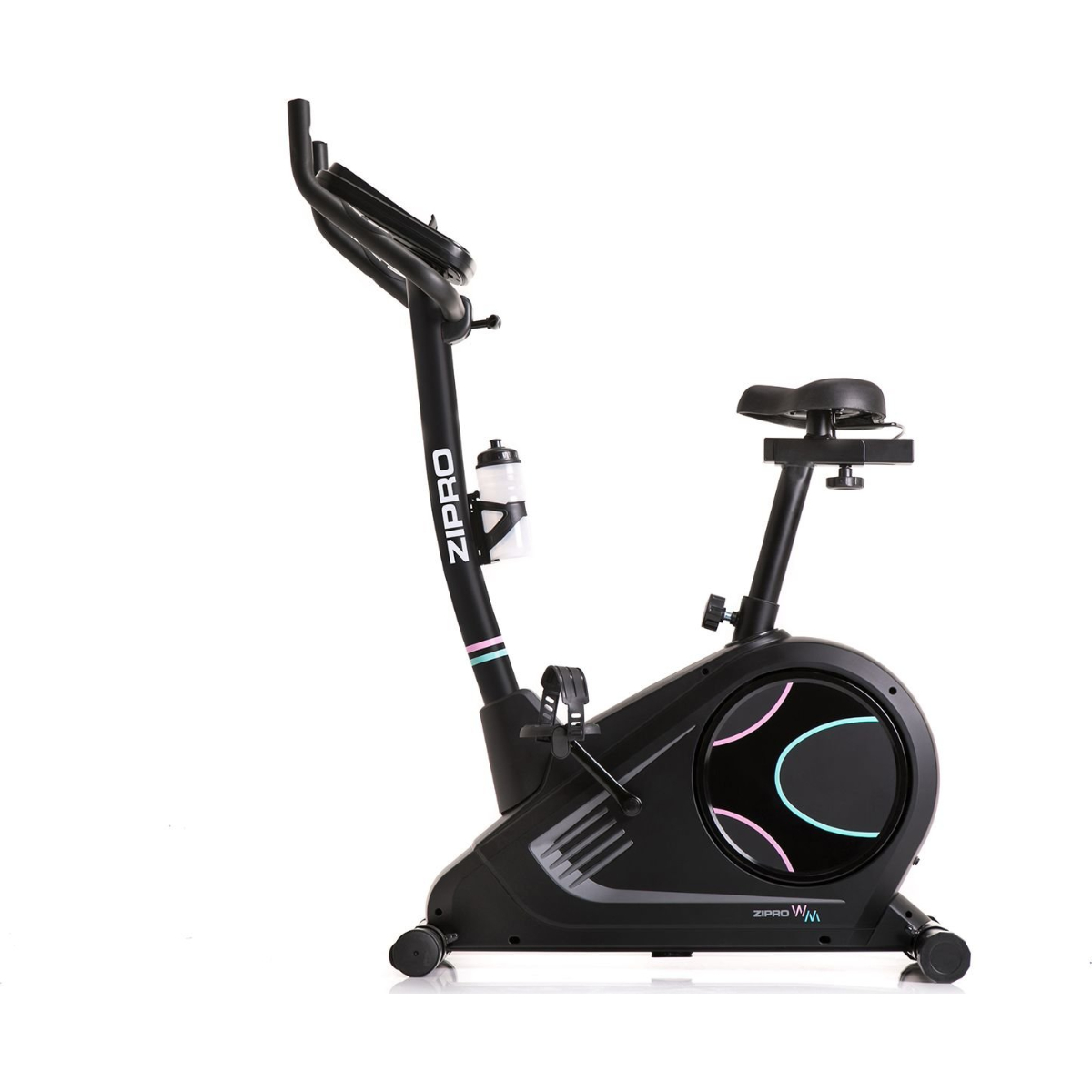 Schwarzes ZIPRO Heimtrainer mit Wasserflasche. Es hat rosa und blaue dekorative Elemente.